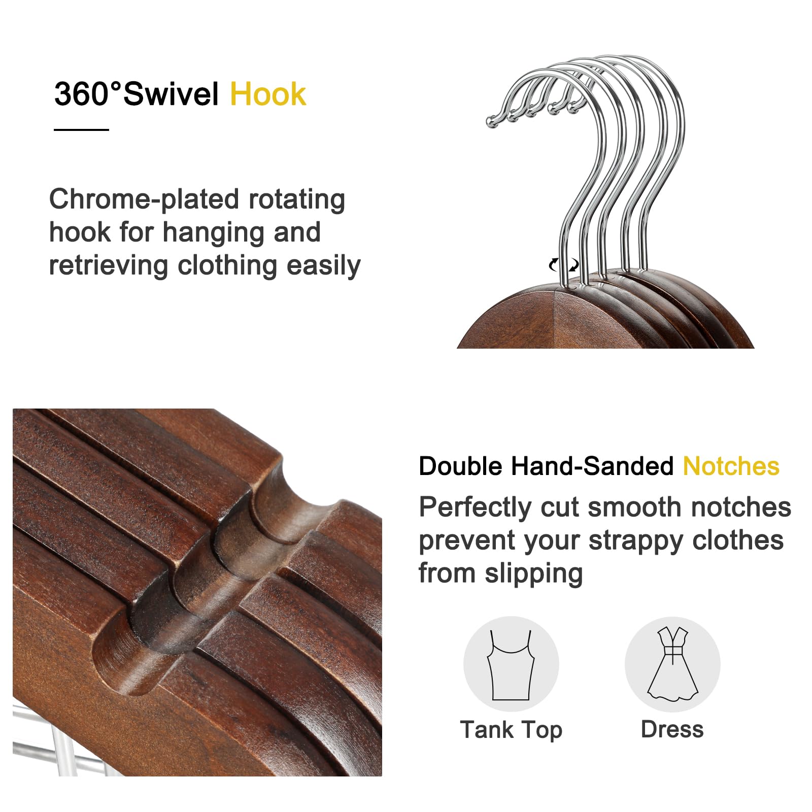 TOPIA HANGER Wooden Suit Hangers with Adjustable Metal Clips (20 Pack)  Solid Wood Clothes Hangers  360? Swivel Hook  Premium Retro Finish Pants Hangers for Clothes Coat  Jeans  Blouse-CT28A20