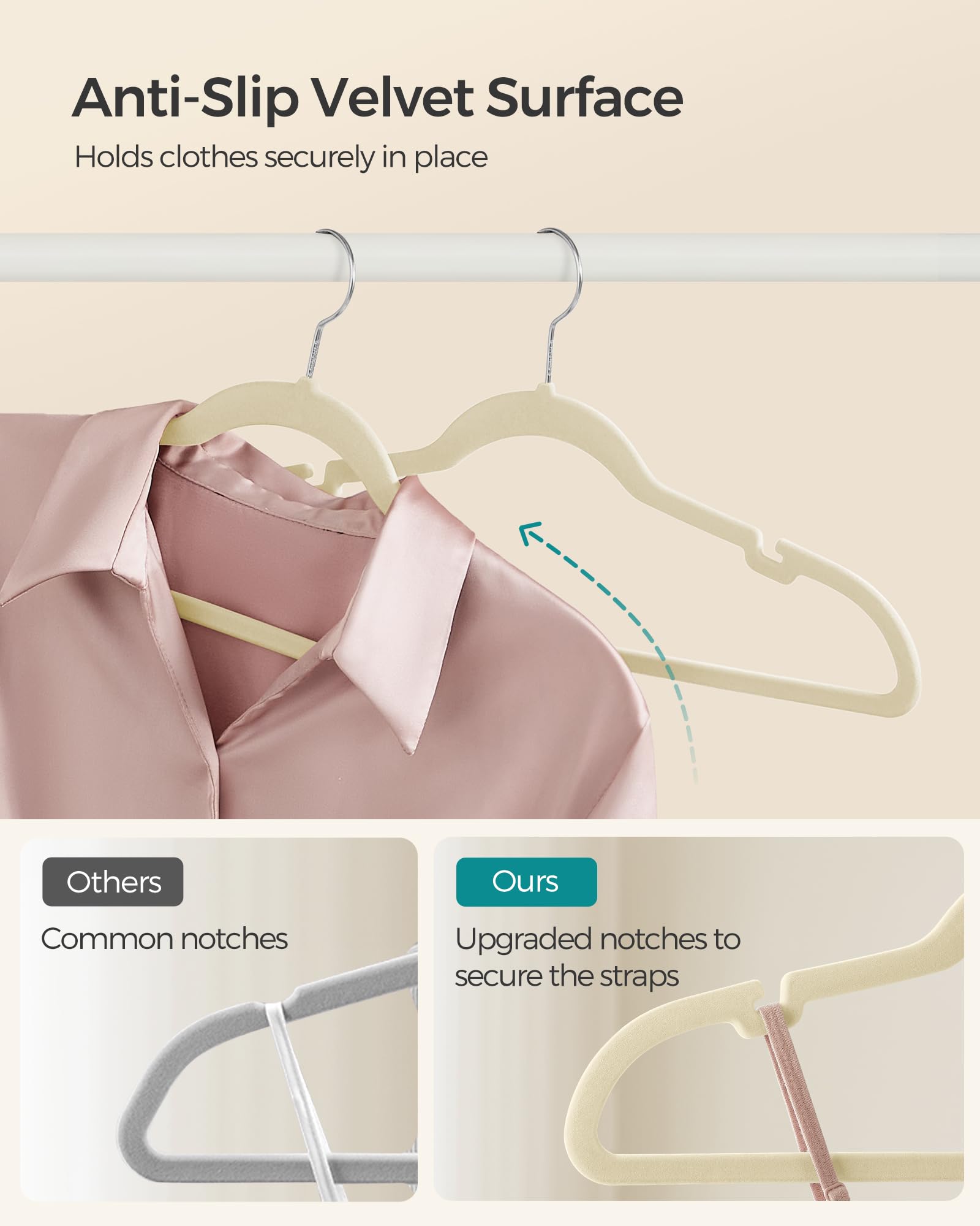 Songmics Velvet Hangers 50 Pack, Non-Slip Clothes Hangers, Suit Hangers With Shoulder Notches, Pants Bar, 360 Swivel Hook, Space