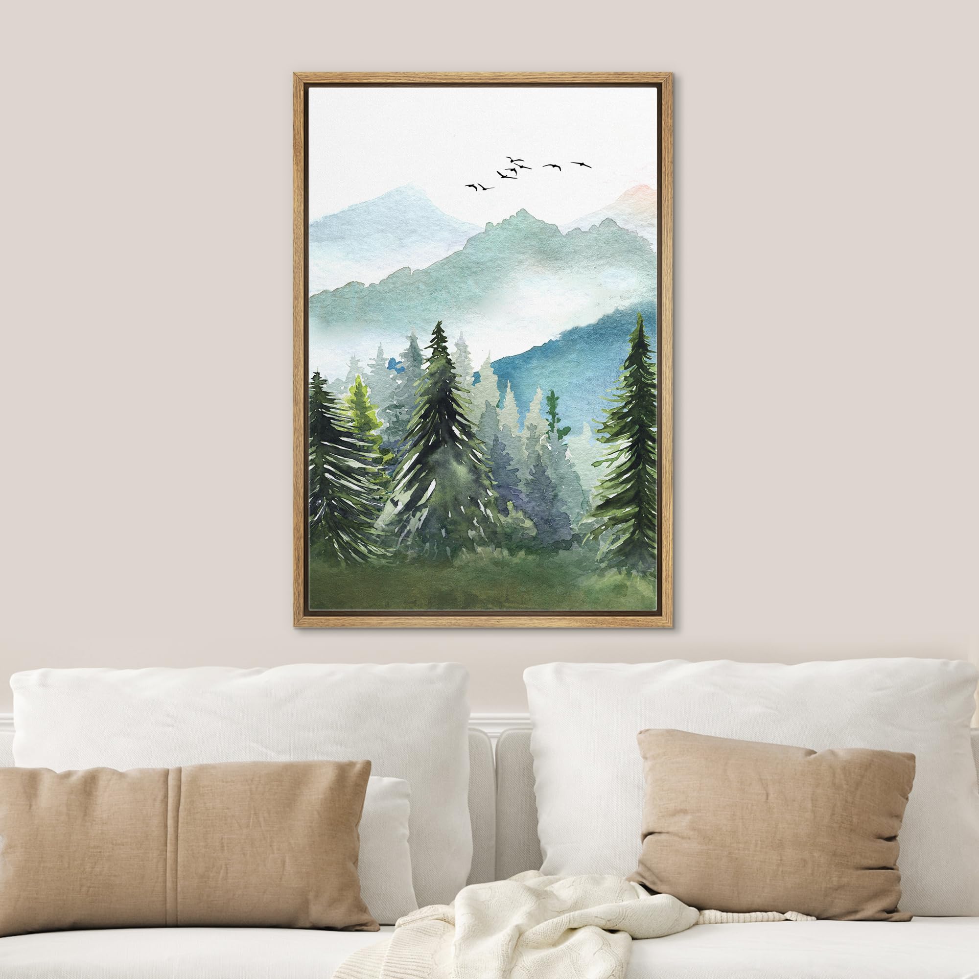 SIGNWIN Framed Canvas Print Wall Art Watercolor Green Forest Tree Mountain Range Nature Landscape Prints Modern Art Woodland Nursery Decor for Living Room  Bedroom  Office - 24''x36'' NATURAL