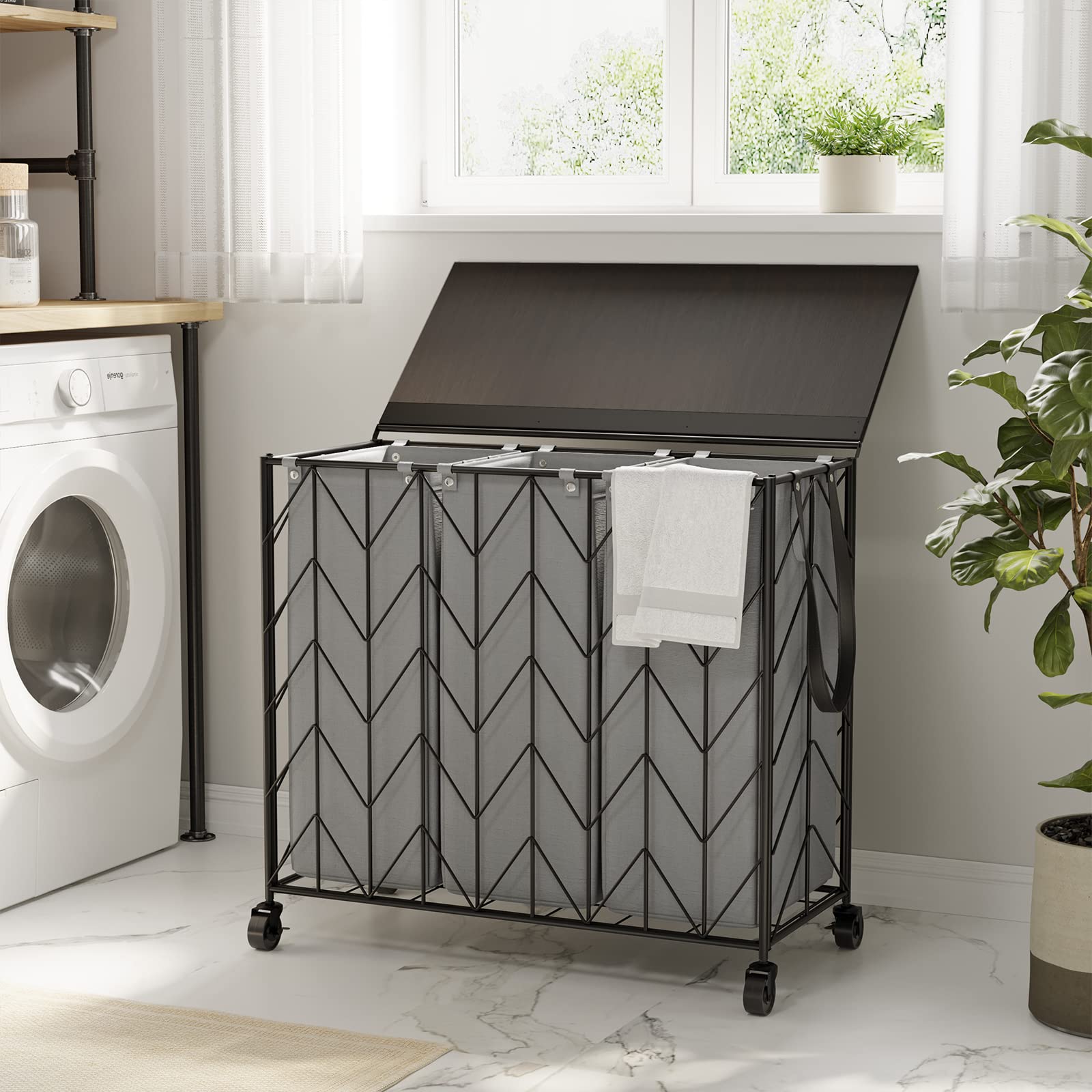 WOWLIVE Laundry Basket with Wheels  142L Laundry Hamper 3 Section with Lid  Dirty Clothes Hamper with Removable Bags  Large Capacity Iron-Made Laundry Basket Organizer Laundry Sorter for Dorm  Grey