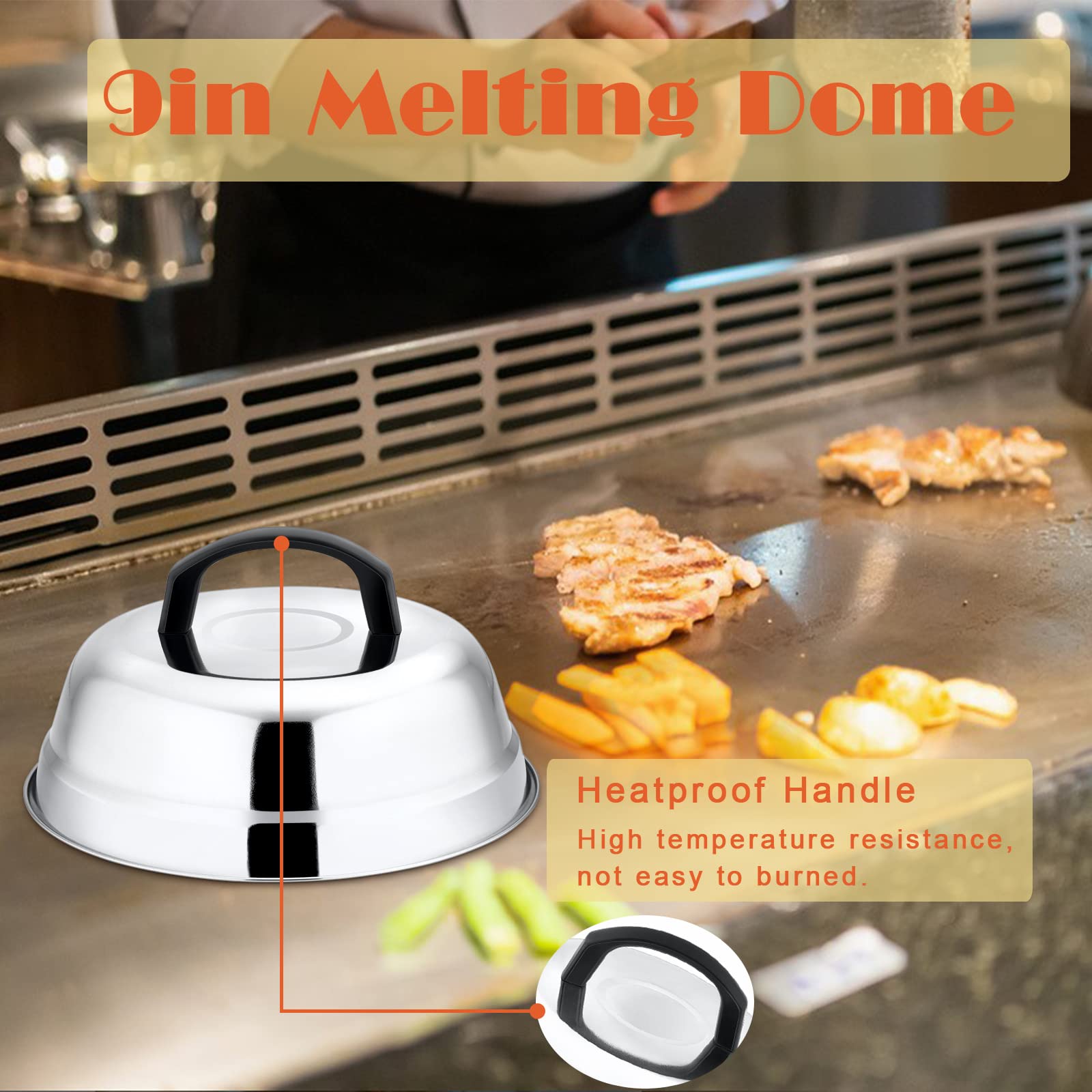 9In Cheese Melting Dome, Hasteel 2Pcs Stainless Steel Round Basting Cover, Lightweight Steam Cover Lid With Plastic Handle, Dura