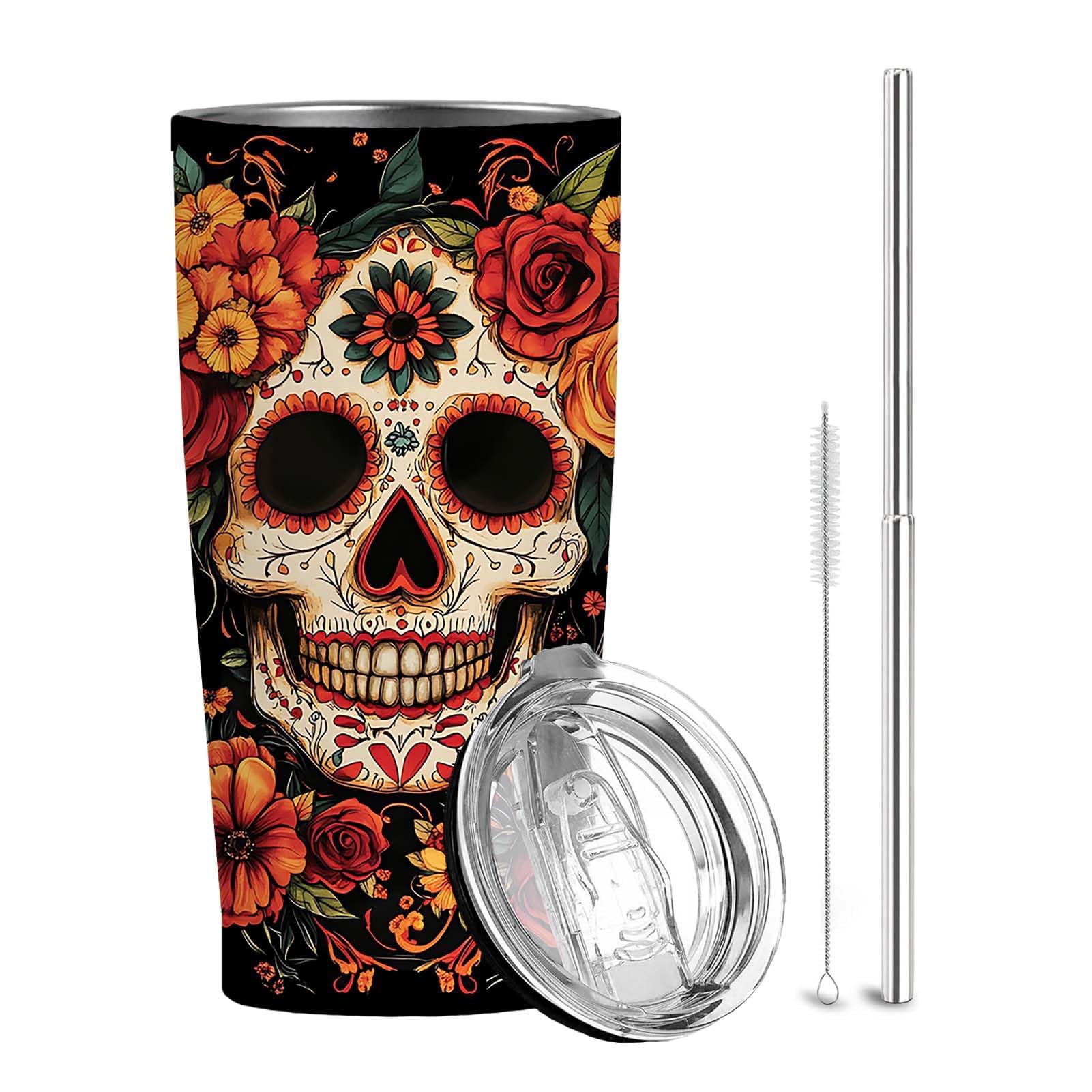 QruKinx Sugar Skull Tumbler 20oz Stainless Steel Tumbler with Straw, Floral Skull Design Insulated Travel Cup, Day of the Dead G