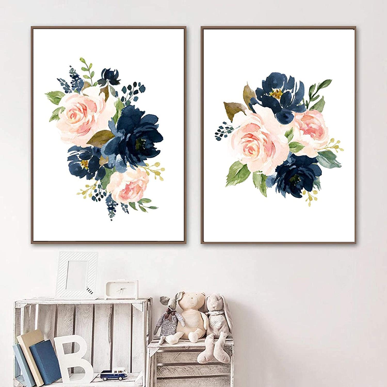 Plants Flower Prints Wall Art Watercolor Blue Flower Art Print Navy Blush Pink Floral Watercolor Flower Art Prints Boho Girls Nu