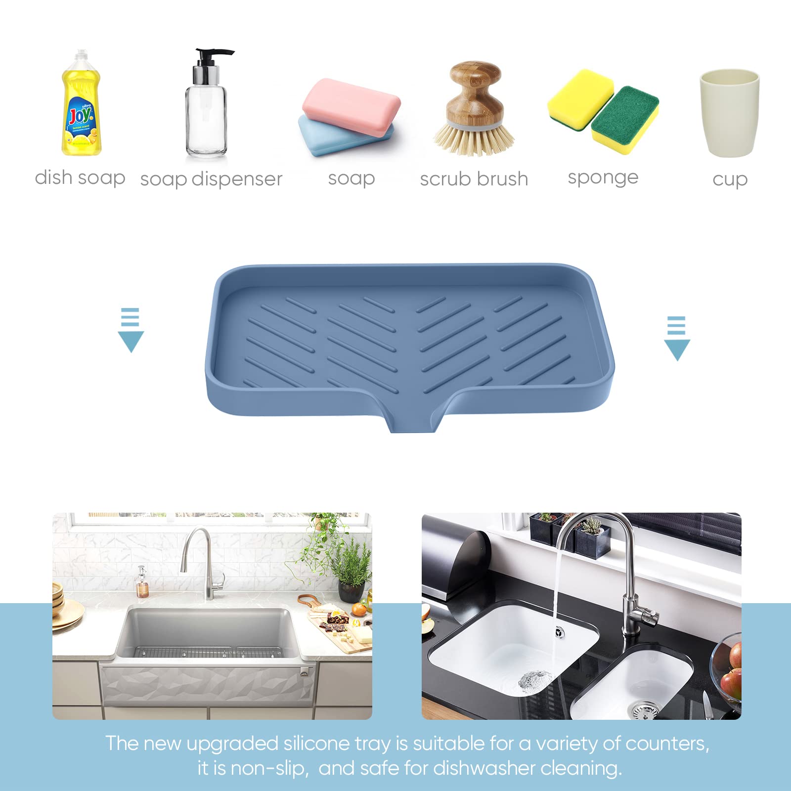 Kitchen Sink Tray Sponge Holder for Kitchen Sink Self Draining Kitchen Soap Tray Premium Silicone Soap Holder for Bathroom Kitchen Counter Sink Caddy Organizer for Dish Soap Bottle Soap Dispenser