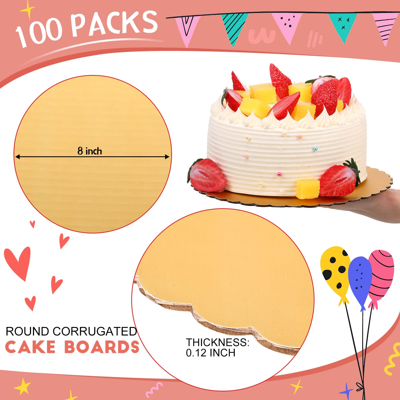 100 Pack Gold Cake Board Round Cake Circle Base Boards Disposable Cake Plate Scalloped Bases Round Coated Cake Boards Circle Cak