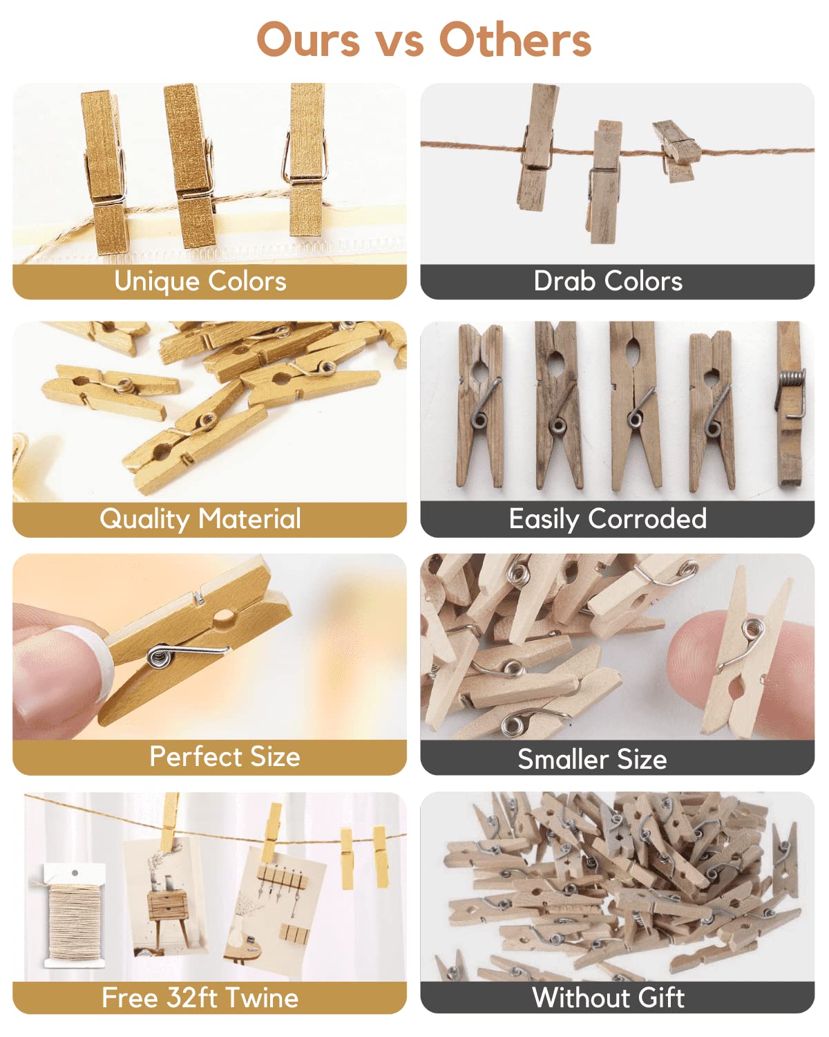 Mini Clothes Pins For Photo, Gold Small Colored Clothespins 100 Pack Wooden Rainbow Colorful Picture Clips With 32 Ft String For