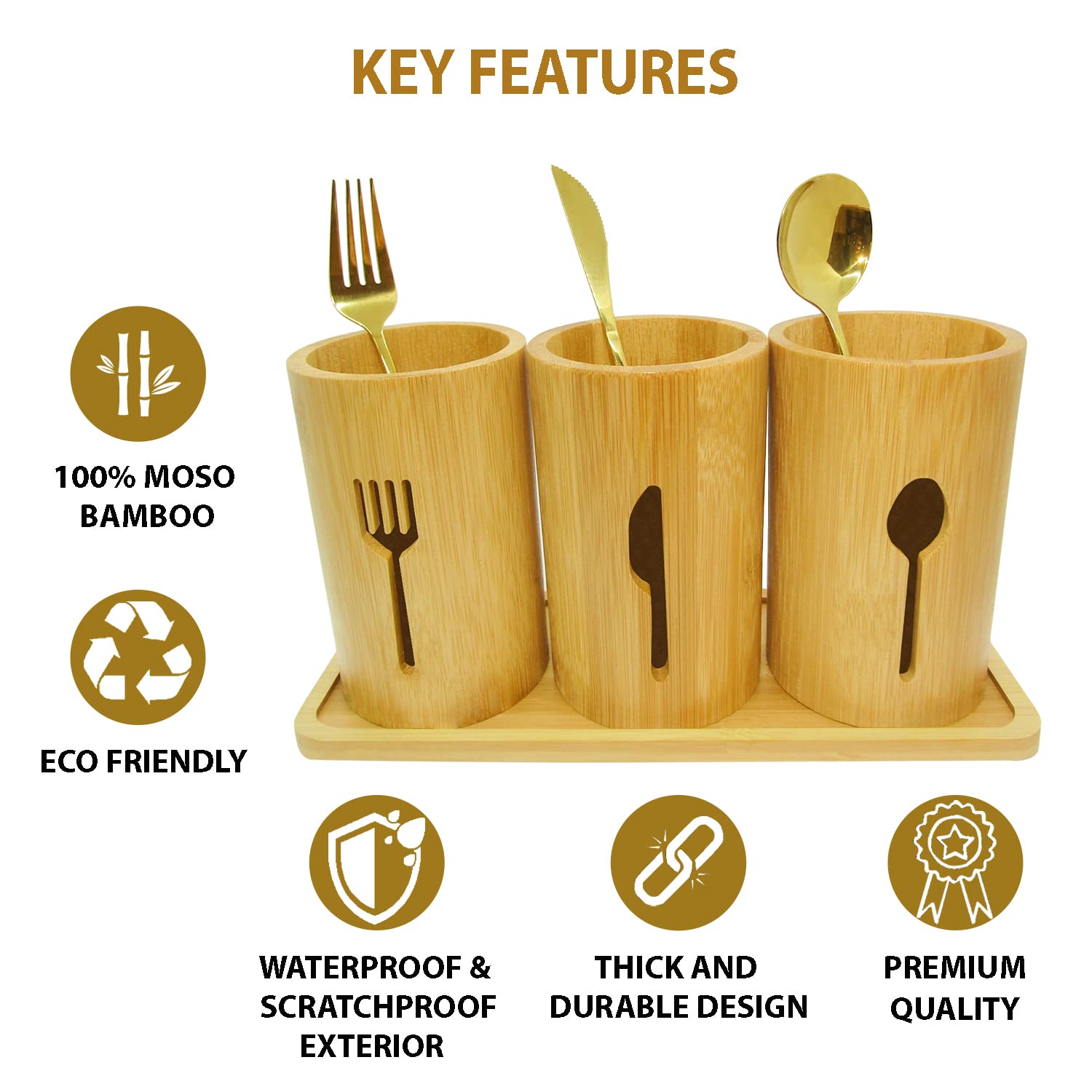 365Home Bamboo Silverware Organizer Countertop, Flatware Caddy, Bamboo Utensil Holder For Party, Kitchen Table, Farmhouse
