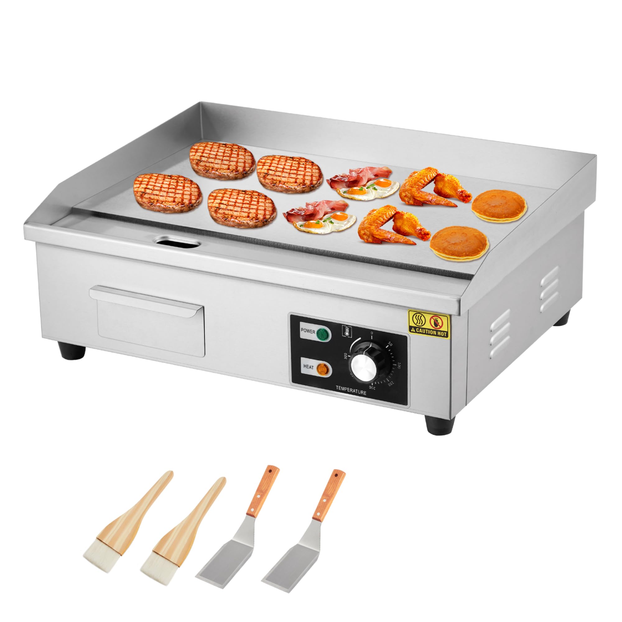 Garvee 21 in Stainless Steel Electric Griddle, Commercial Flat Top Grill, 1600W Non-Stick Teppanyaki Griddle with 2 Shovels & 2 