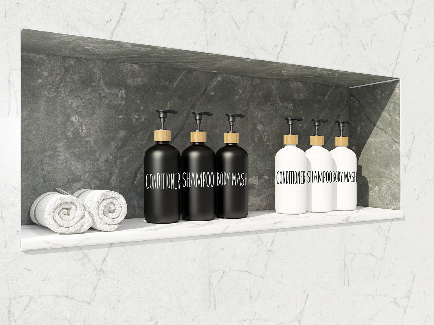 Shampoo And Conditioner Dispenser Set - Easy To Read Labels - Pump Bottle Dispenser For Shampoo, Conditioner, Body Wash - Glass