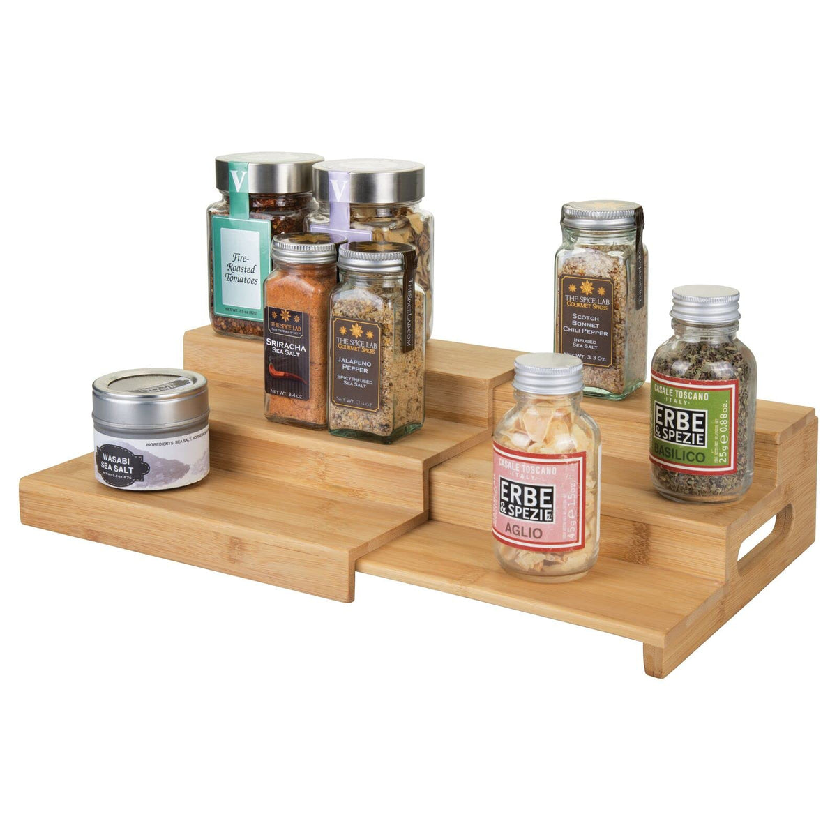 mDesign Bamboo Adjustable, Expandable Spice Rack Organizer with 3 Levels Storage for Kitchen Cabinet, Countertop, Pantry Shelf -