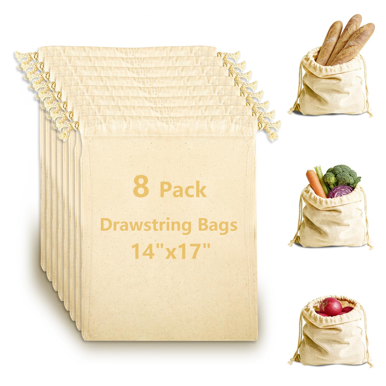 OKBA 8 Pack Cotton Muslin Drawstring Bags 14x17 Inch, Reusable Cloth Bags for DIY TieDye Projects, Grocery & Produce, Shoes, Po
