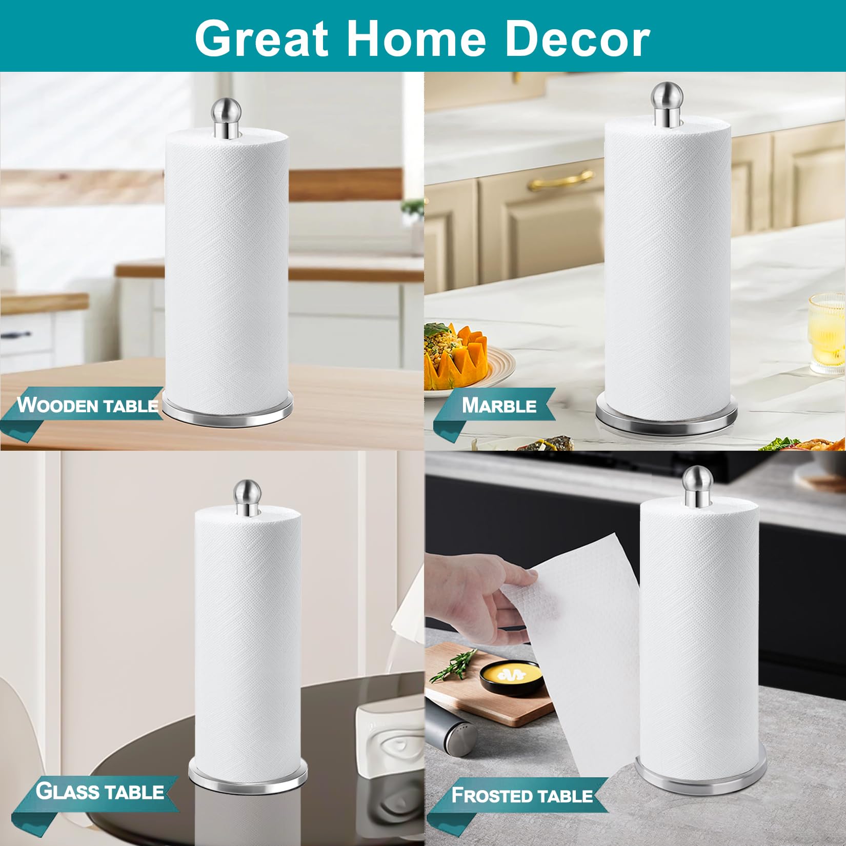 Dawner Paper Towel Holder Countertop, Freestanding Kitchen Paper Holder Stand, One-Handed Tear, Stainless Steel, Paper Towel Dis