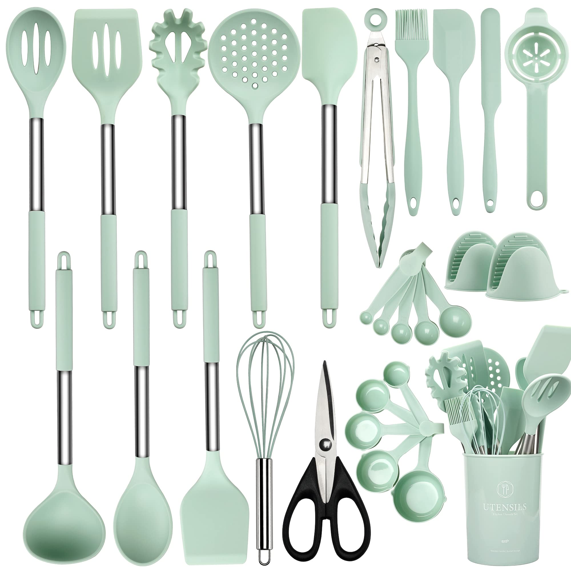Ncue Kitchen Utensils Set, 28 Pcs Silicone Cooking Utensils Set With Holder, Spatula Set, Silicone Whisk, Measuring Cups And Spo