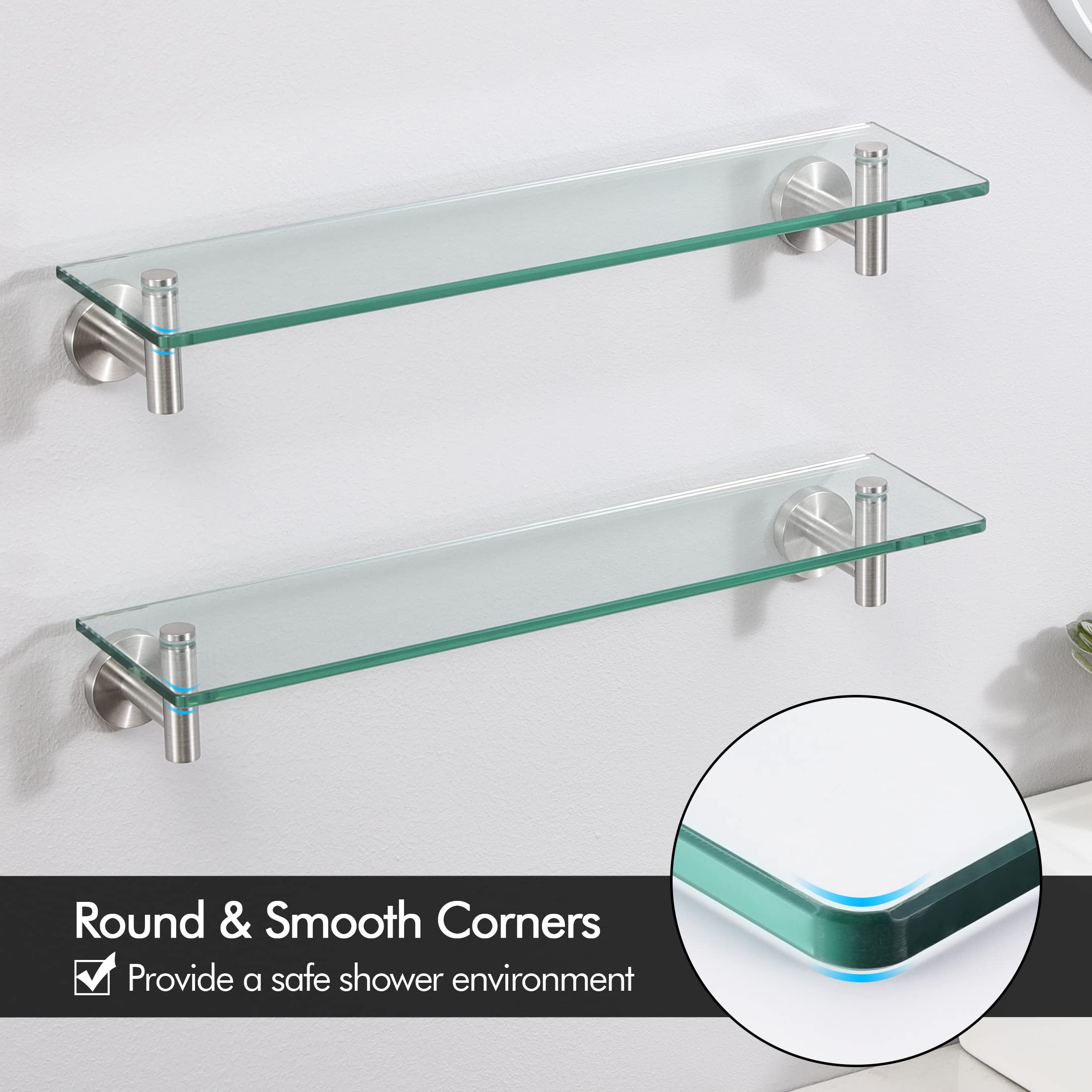 Kes Bathroom Glass Shelf Rectangular 20-Inch Floating Glass Shelves 2 Pack With Rustproof Stainless Steel Brackets Wall Mounted