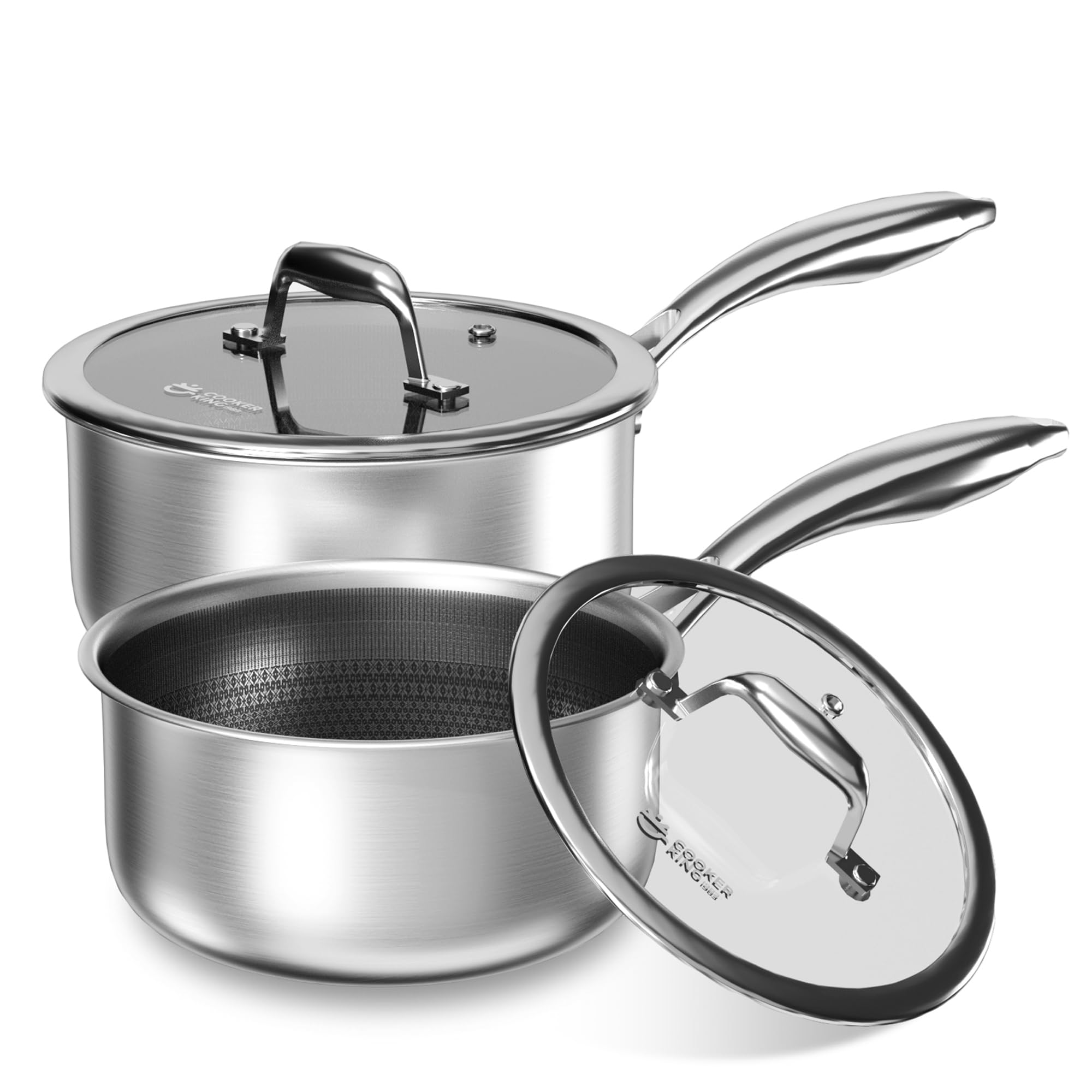 COOKER KING Sauce Pan Set, 1.5 QT & 2 QT Saucepan with Lid, Hybrid Ceramic Nonstick Saucepan, non stick Sauce pot, Stainless ste