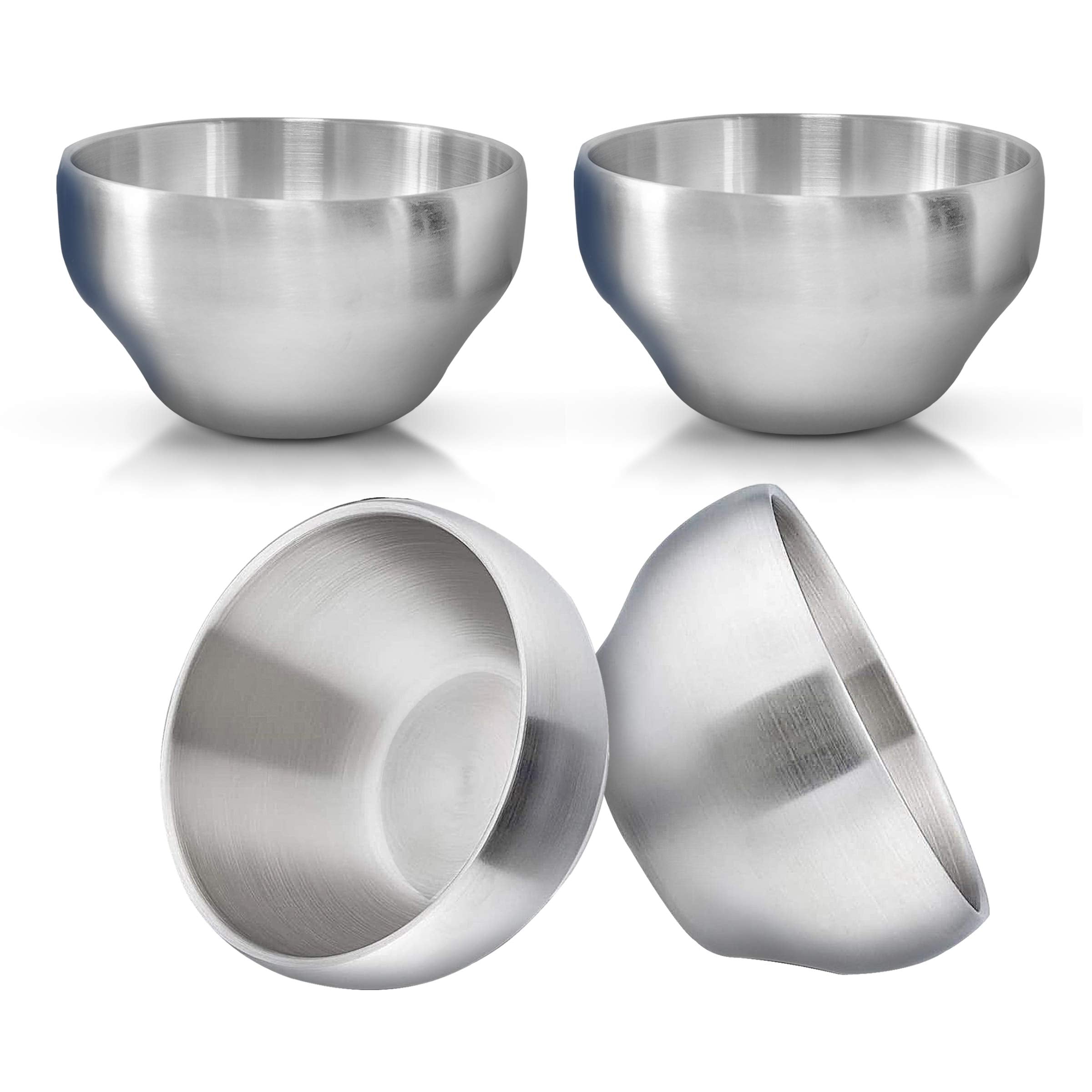 Heavy Duty Heat Insulated Brushed Stainless Steel Serving Bowls, Sus 304, Multipurpose, 4 Pack, Small (15 Oz)