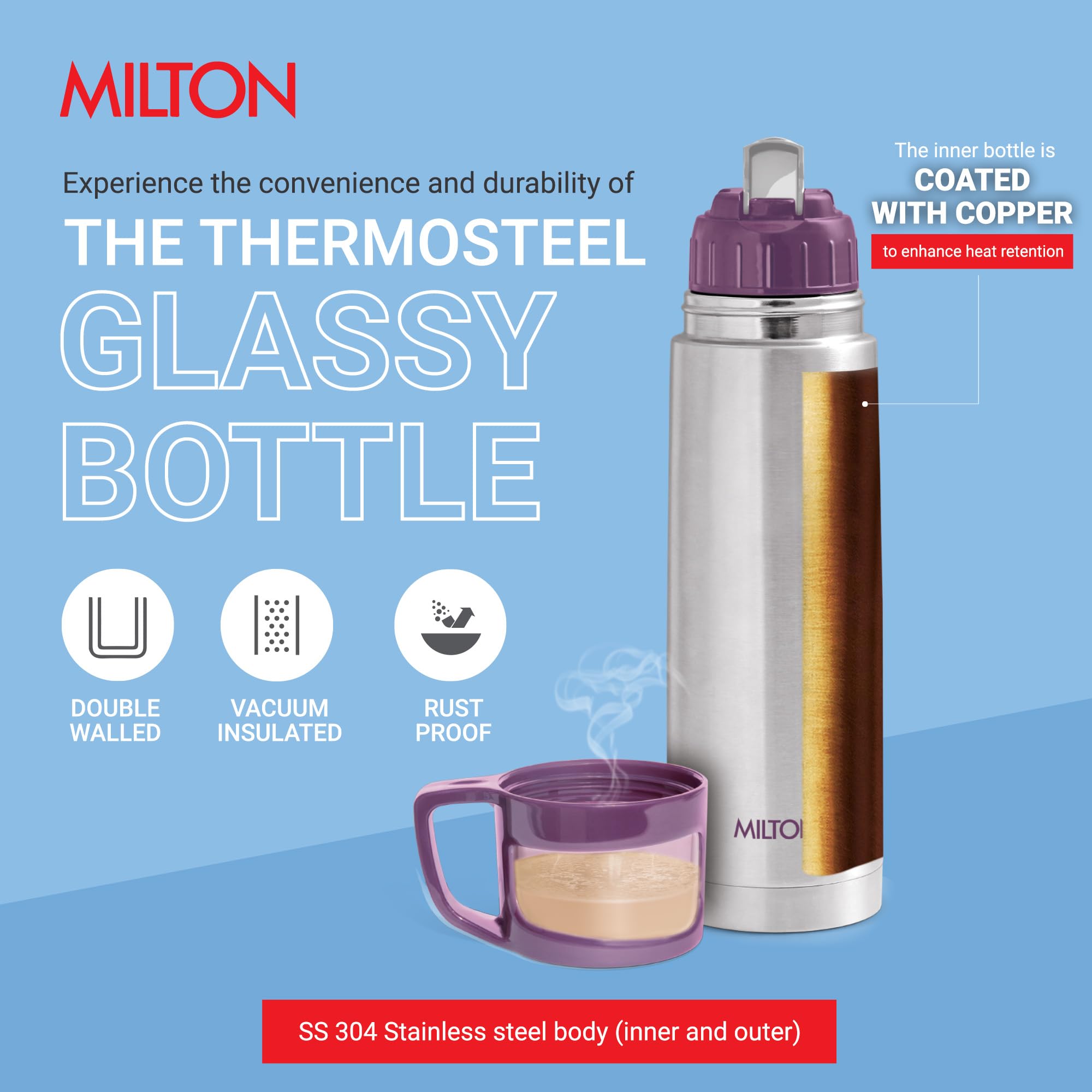 Milton Glassy 750 Thermosteel Vacuum Insulated Flask with Jacket 750 ml, Purple| 24 Hours Hot and Cold Water Bottle with Cup lid