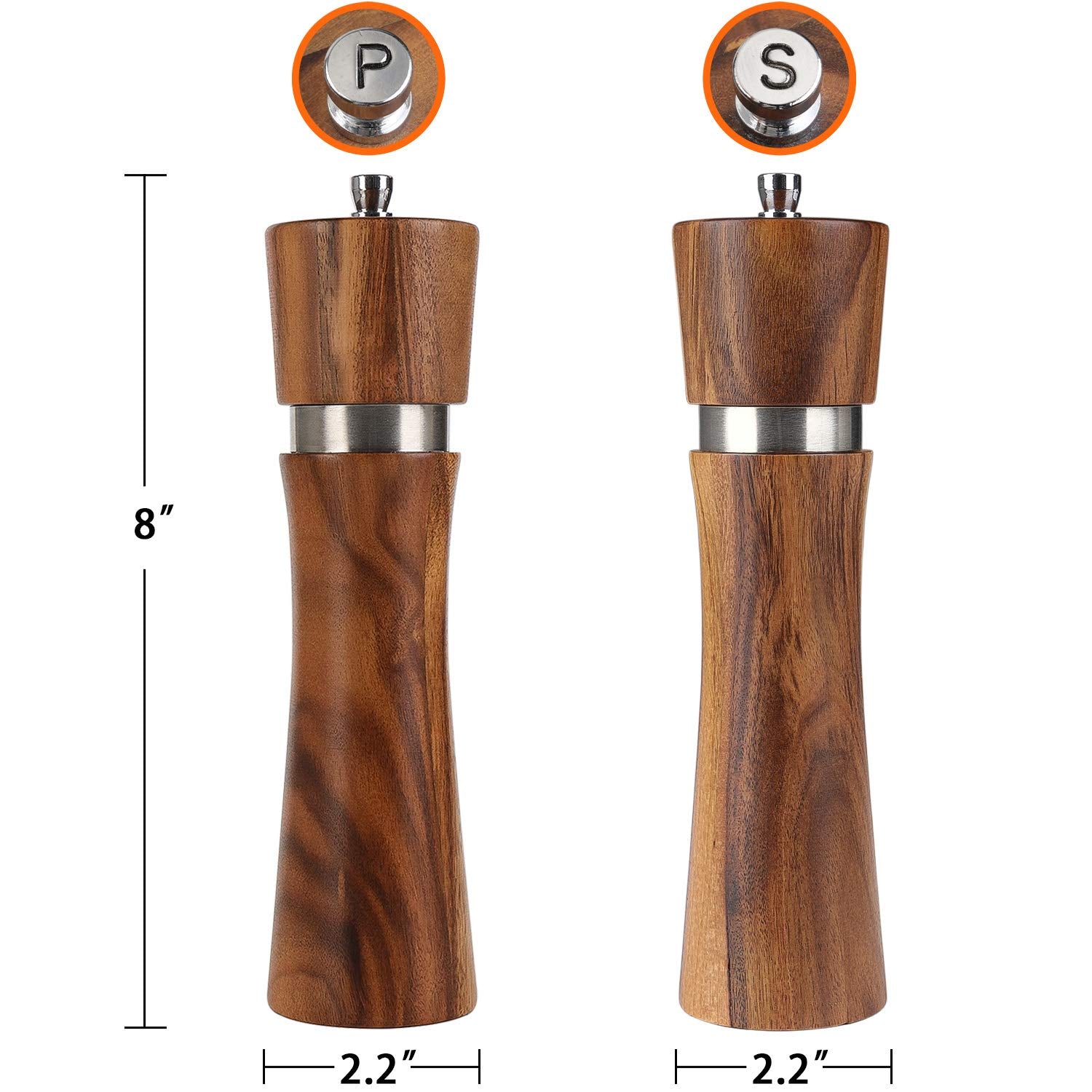 Wooden Salt and Pepper Grinder Set - VanlonPro 8 Inch Refillable Salt and Pepper Shakers with Adjustable Ceramic/Stainless Steel Rotor  Manual Pepper Mill for Your Kitchen - Pack of 2