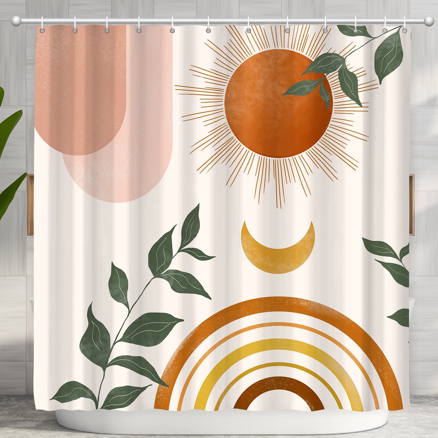 Mid Century Abstract Boho Shower Curtain Set Arch Rainbow Sun Modern Minimalist Home Bathroom Bathtub Curtain Decoration With 12