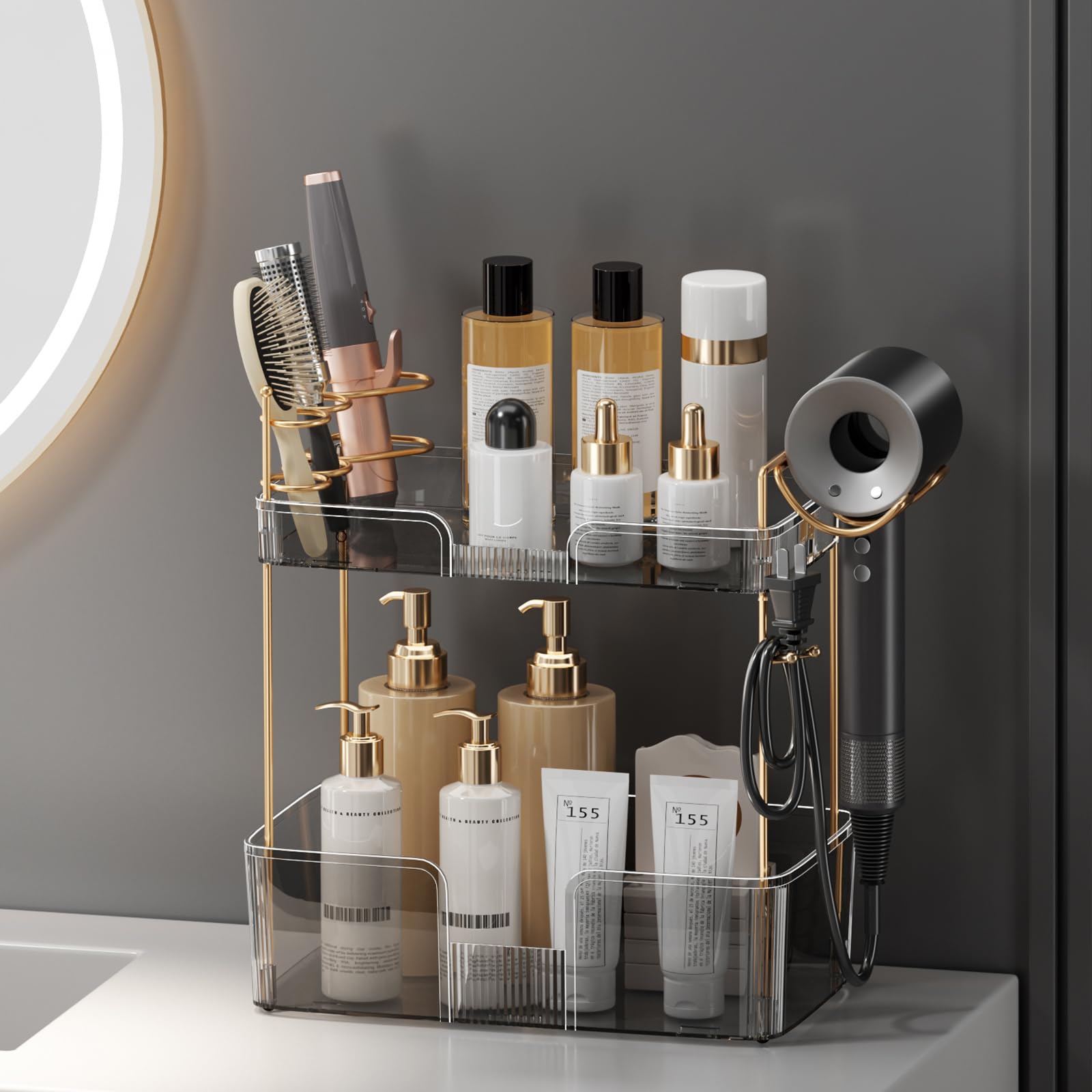 Shuang Qing Bathroom Counter Organizer With Hair Dryer Holder, Hair Tool Countertop Storage, Cosmetics Skincare Shelf Organizer,