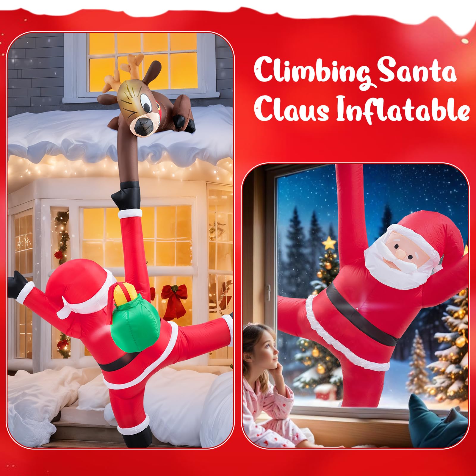 NatNarr 10 FT Inflatable Elk & Climbing Santa Yard Decor with LEDs, Multicolor, Model A1123K-11-V1