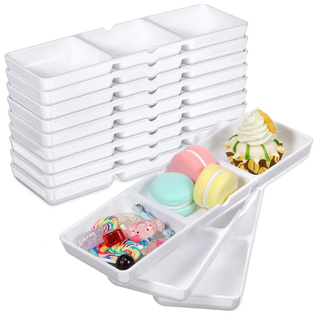 12 Pcs Small White Plastic Appetizer Serving Tray 3 Compartment Serving Dishes Reusable Stackable Sectional Serving Platter Rect