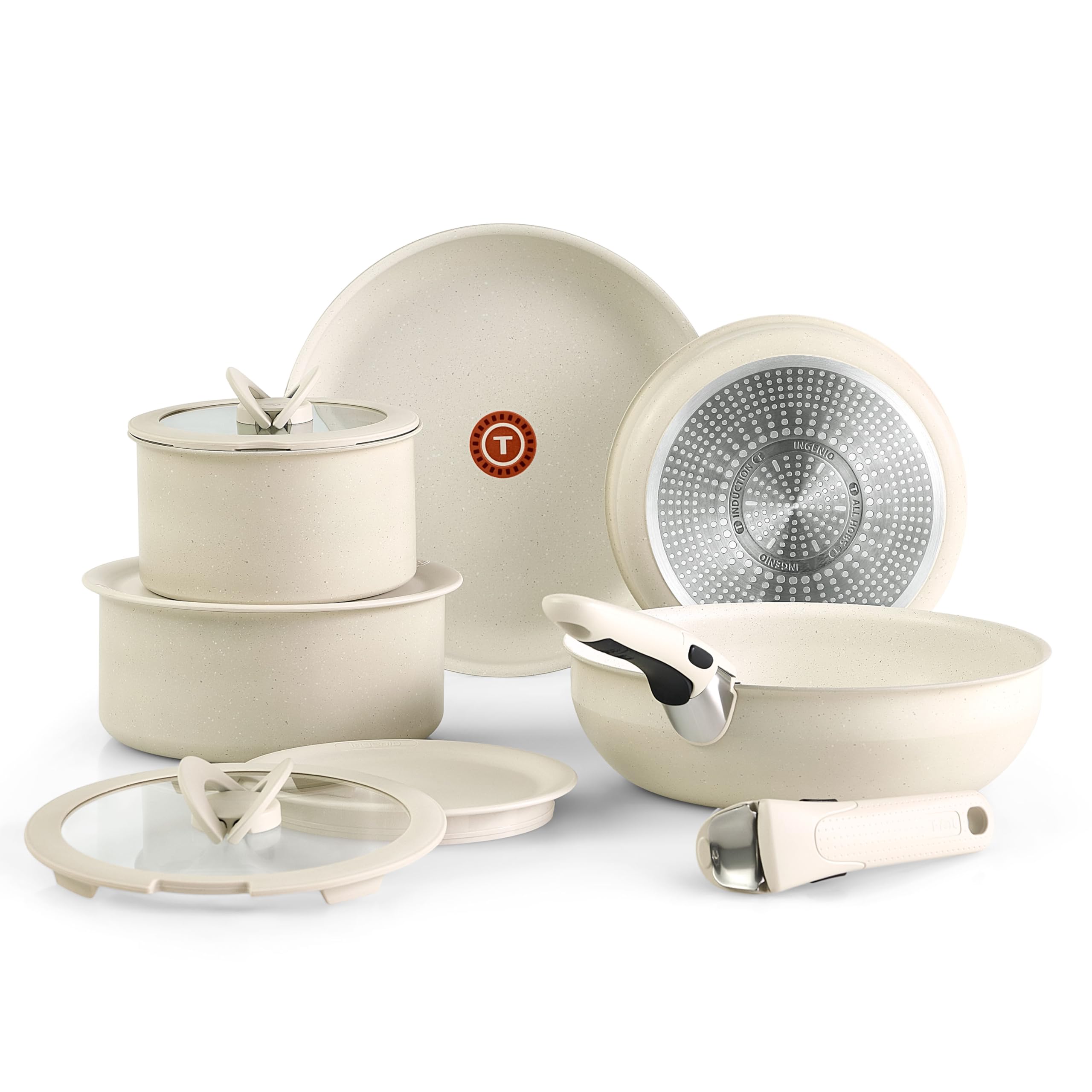 T-fal Ingenio Essentials Cookware Set with Detachable/Removable Handle 11 Piece, Granite Titanium Non Stick, Induction, Oven Bro