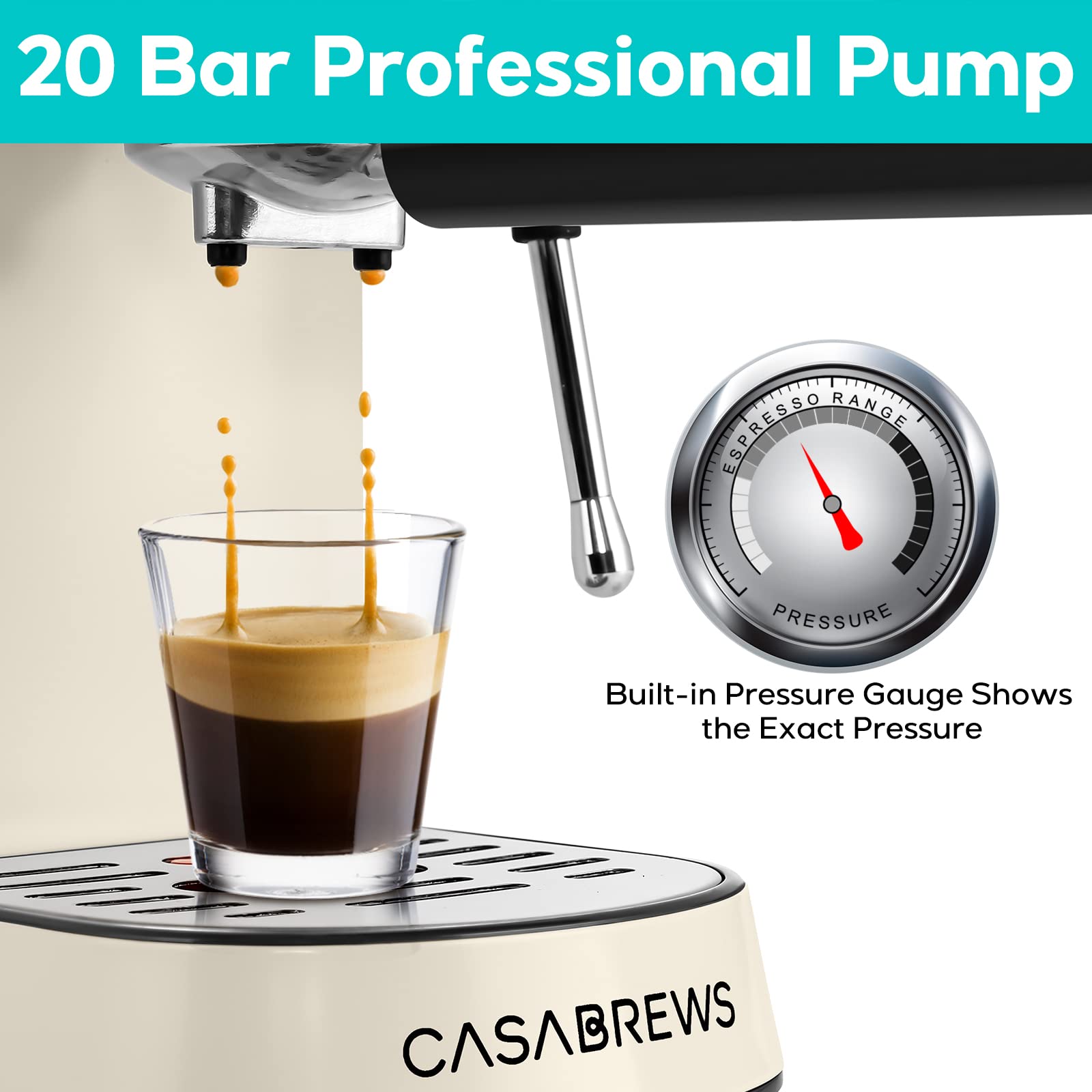 Casabrews Espresso Machine 20 Bar, Espresso Maker With Milk Frother Steam Wand, Stainless Steel Espresso Coffee Machine With 34O