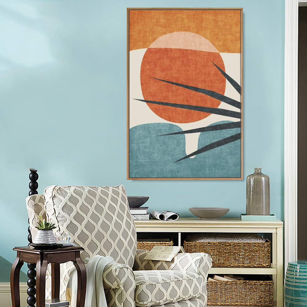 Idea4Wall Framed Canvas Print Wall Art Abstract Blue Palm Tree & Red Sun Geometric Shapes Illustrations Modern Art Mid-Century M