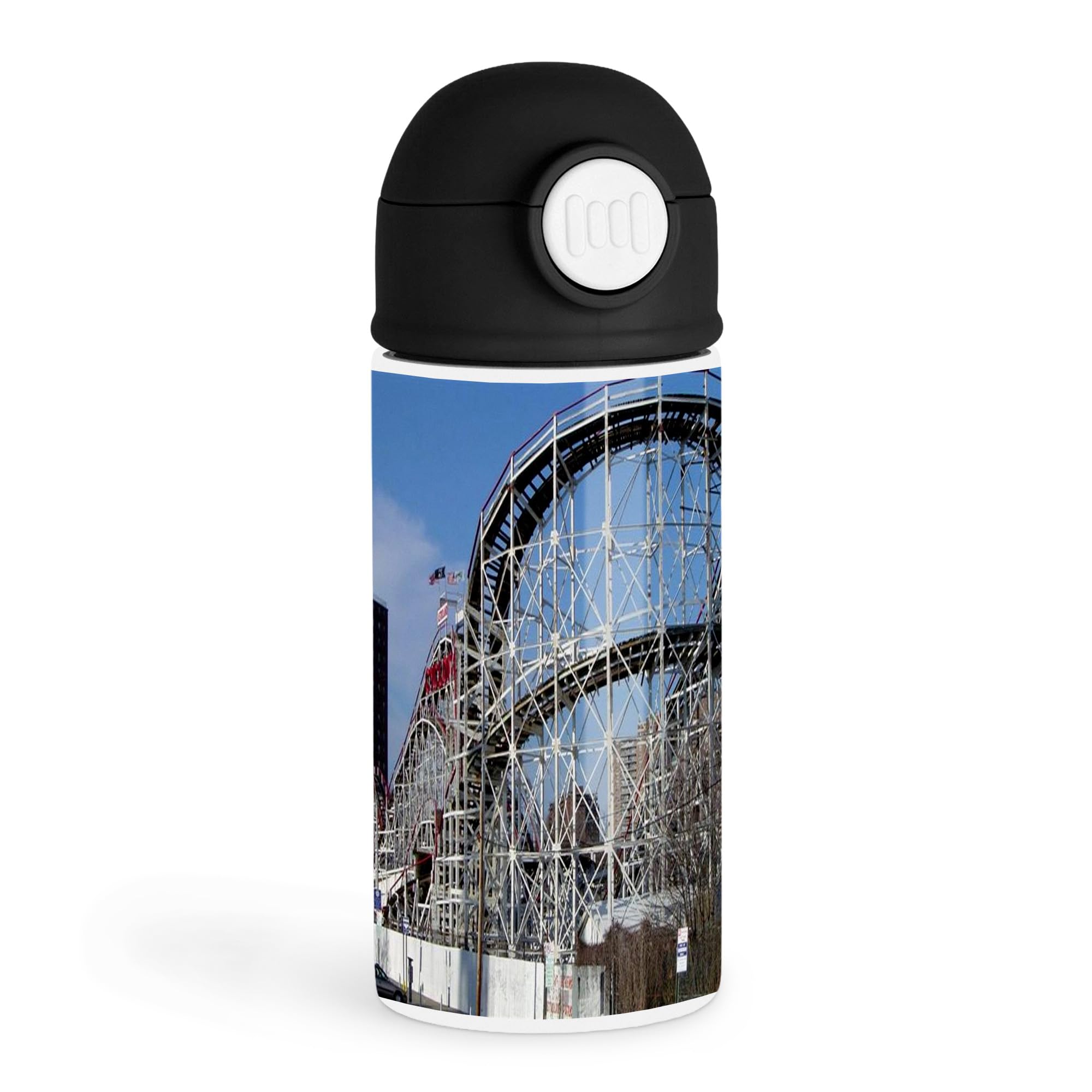 Inspirational Theme Park Enthusiast 12oz Kids Black Bottle  Image of a wooden roller coaster in vivid colors  Theme Park Adven