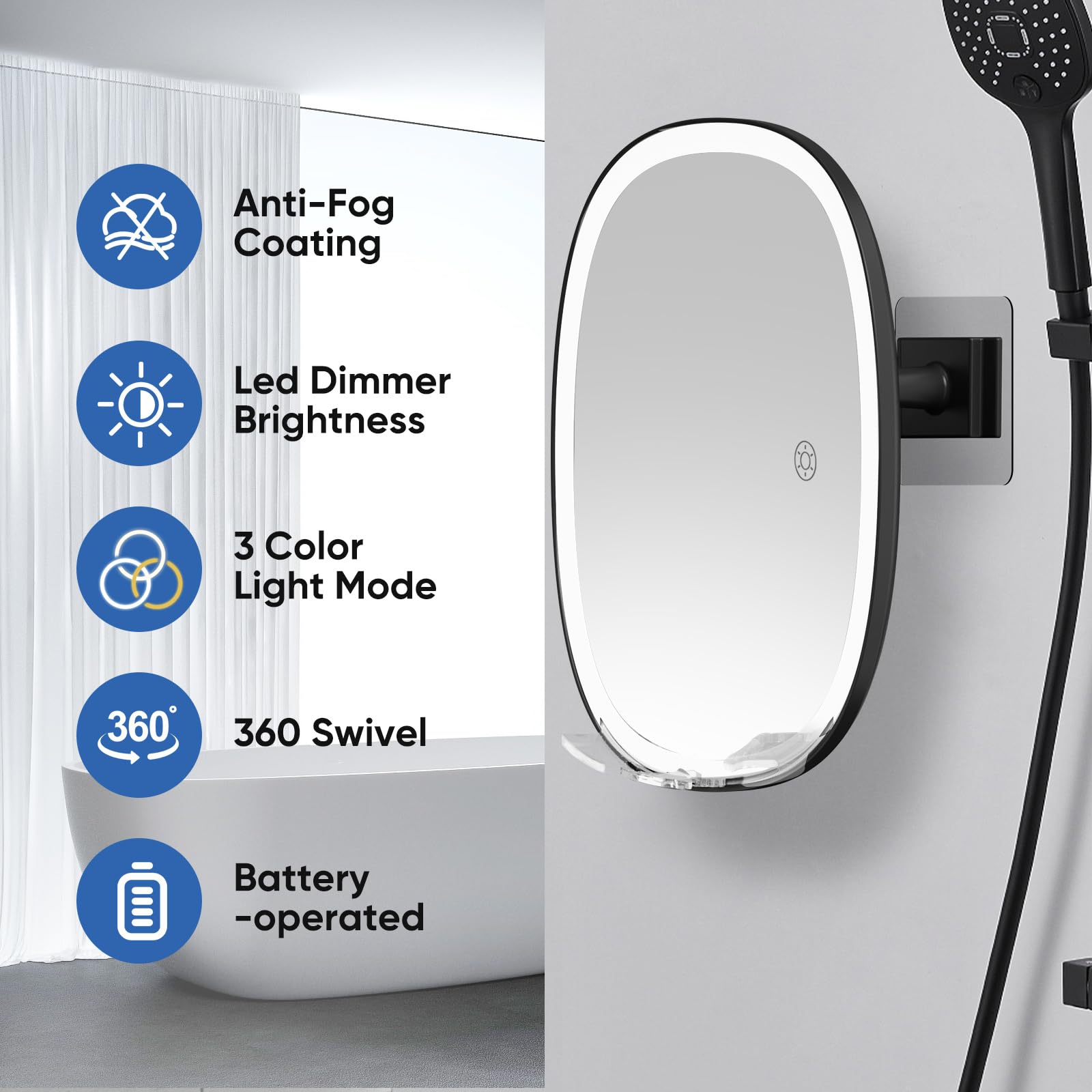 Cosmirror Shower Mirror Fogless For Shaving Included Ear And Nose Hair Trimmer, No-Drilling, 3-Color Dimmable Lights, Larger Ant