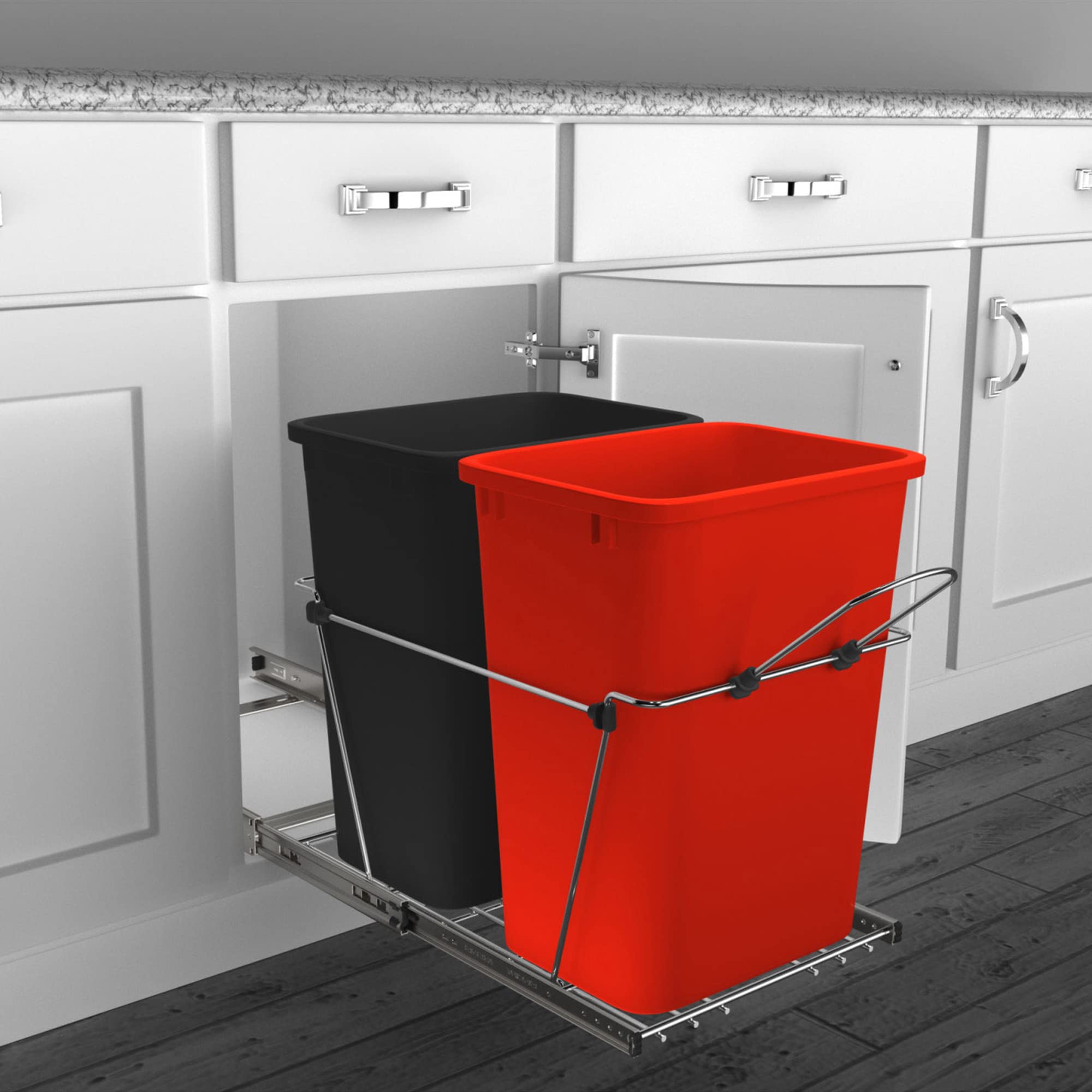 Rev-A-Shelf Double Pull Out Trash Can For Under Kitchen Cabinets 35 Qt 12 Gal Garbage Recyling Bin On Full Extension Slides, Red
