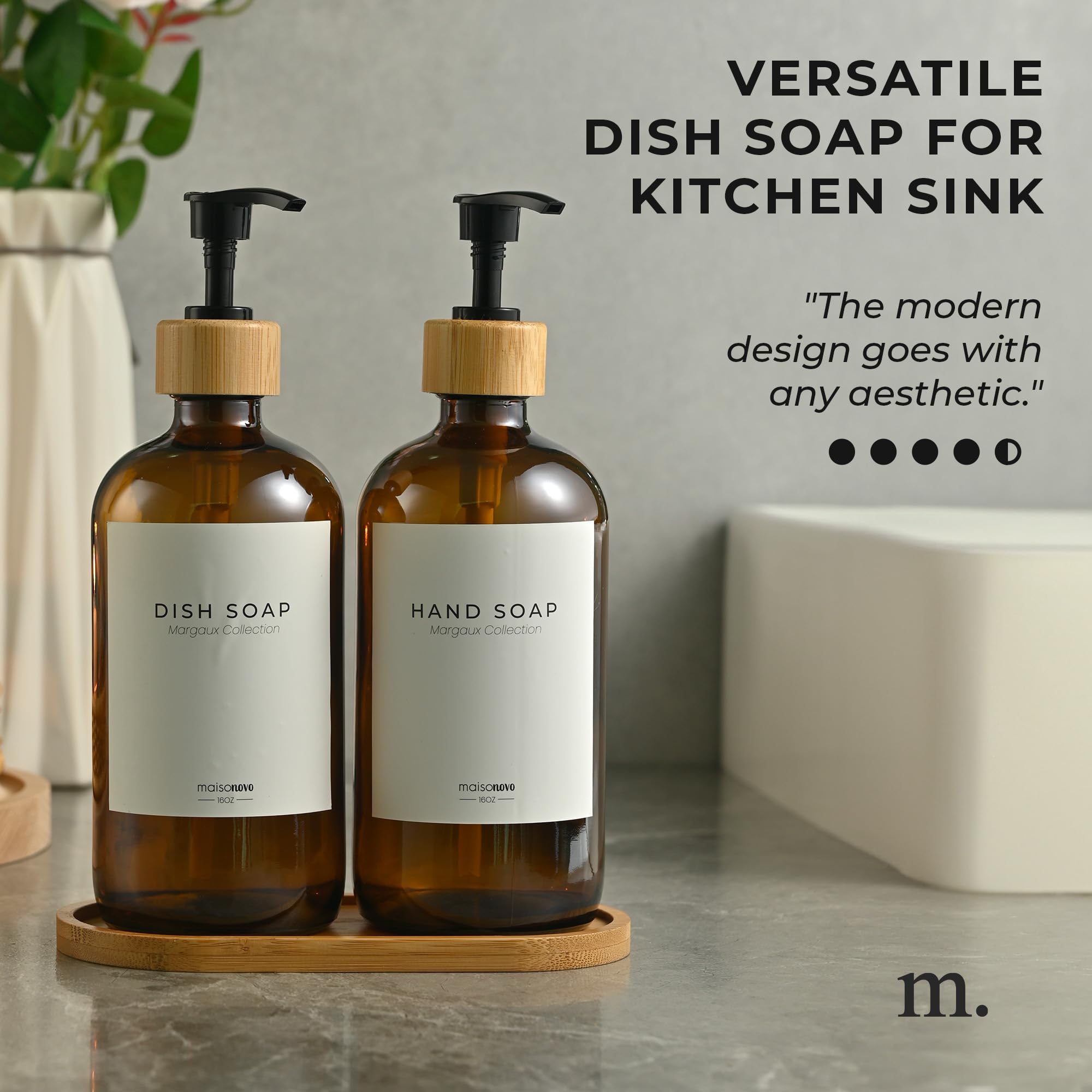 Maisonovo Kitchen Soap Dispenser Set - Glass Soap Dispenser With Pump - Amber Bamboo Black Pump 16.9 Fl Oz - Bathroom Soap Dispe
