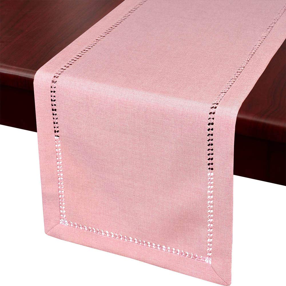 Grelucgo Small Short Handcrafted Solid Color Dining Table Runner, Dresser Scarf, Double-Hemstitched (Pink, 14 X 48)