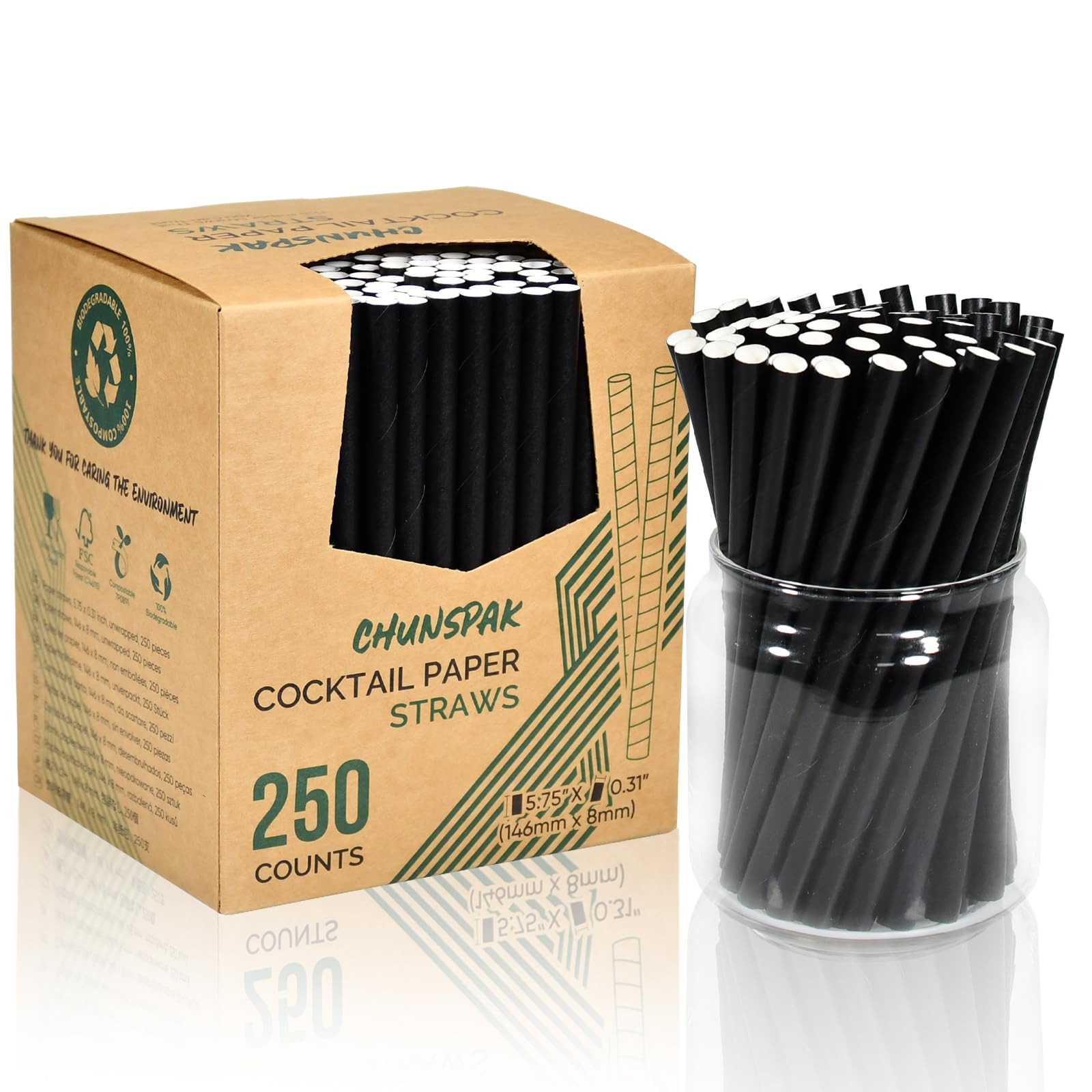 Chunspak 5.75 inch 8mm Wide Short Black Paper Drinking Straws Disposable for Lowball Glasses, Blended Cocktails, Margaritas, Bar