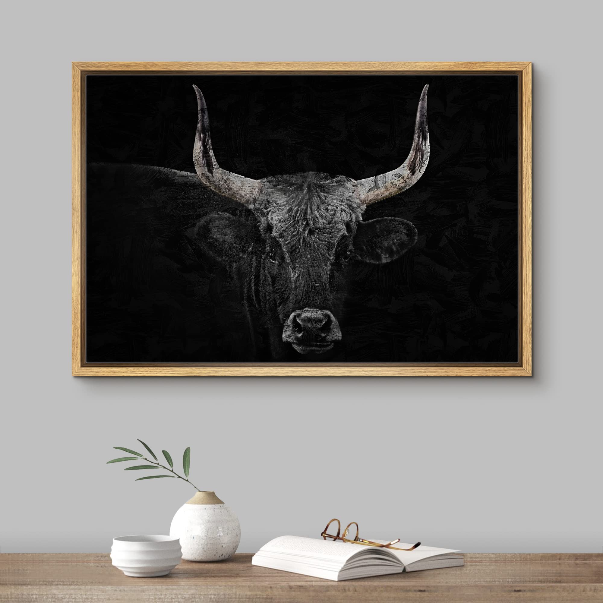 Signford Framed Canvas Print Wall Art Bull Portrait Cow Head Realism Farmhouse Country Southwest Texas Nature Wilderness Animals
