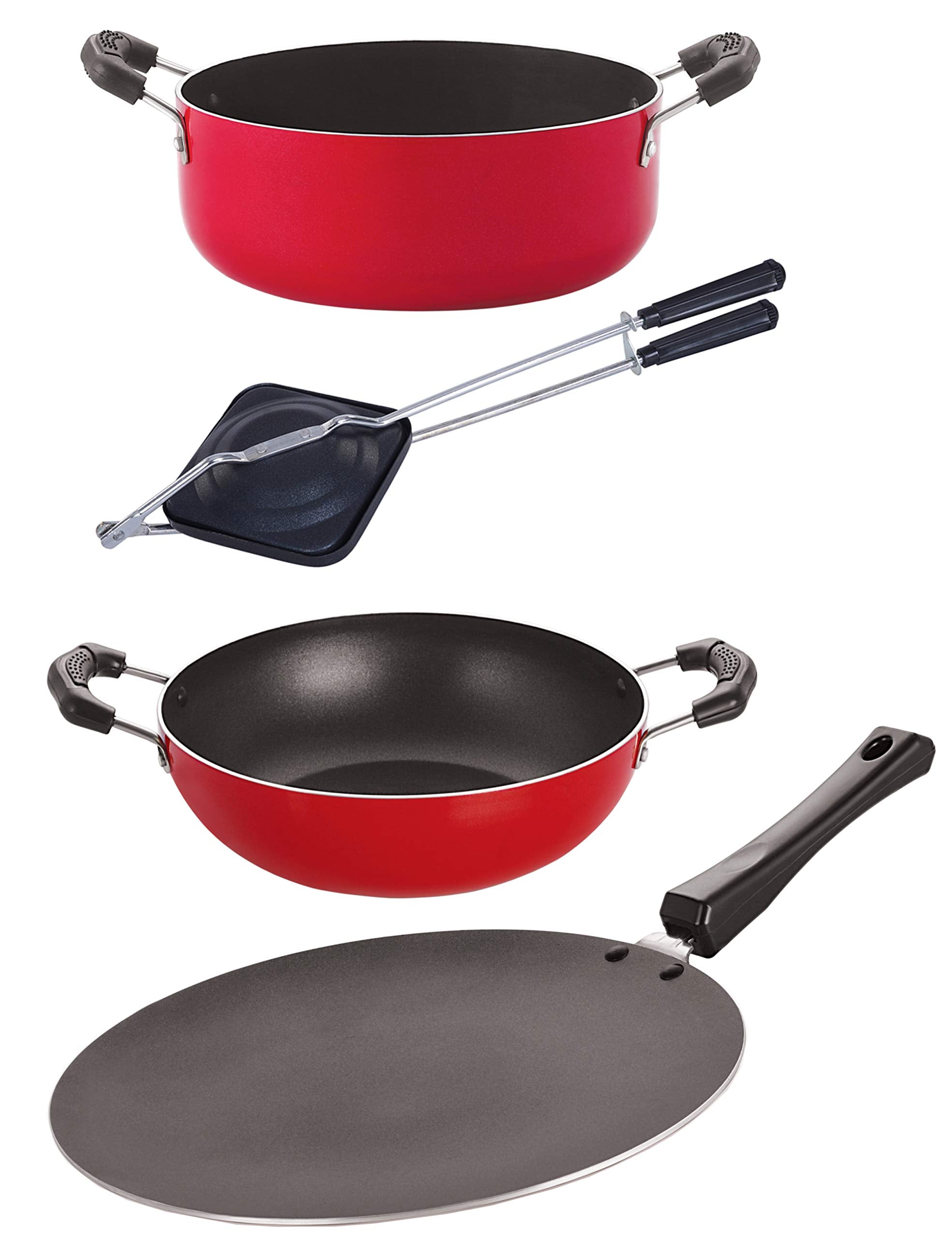Nirlon 3 Layer Coated NonStick Aluminium Pots And Pans Cooking Combo Set Fer (4Pieces) (Ct11_Kd12_Ht_Cs24)