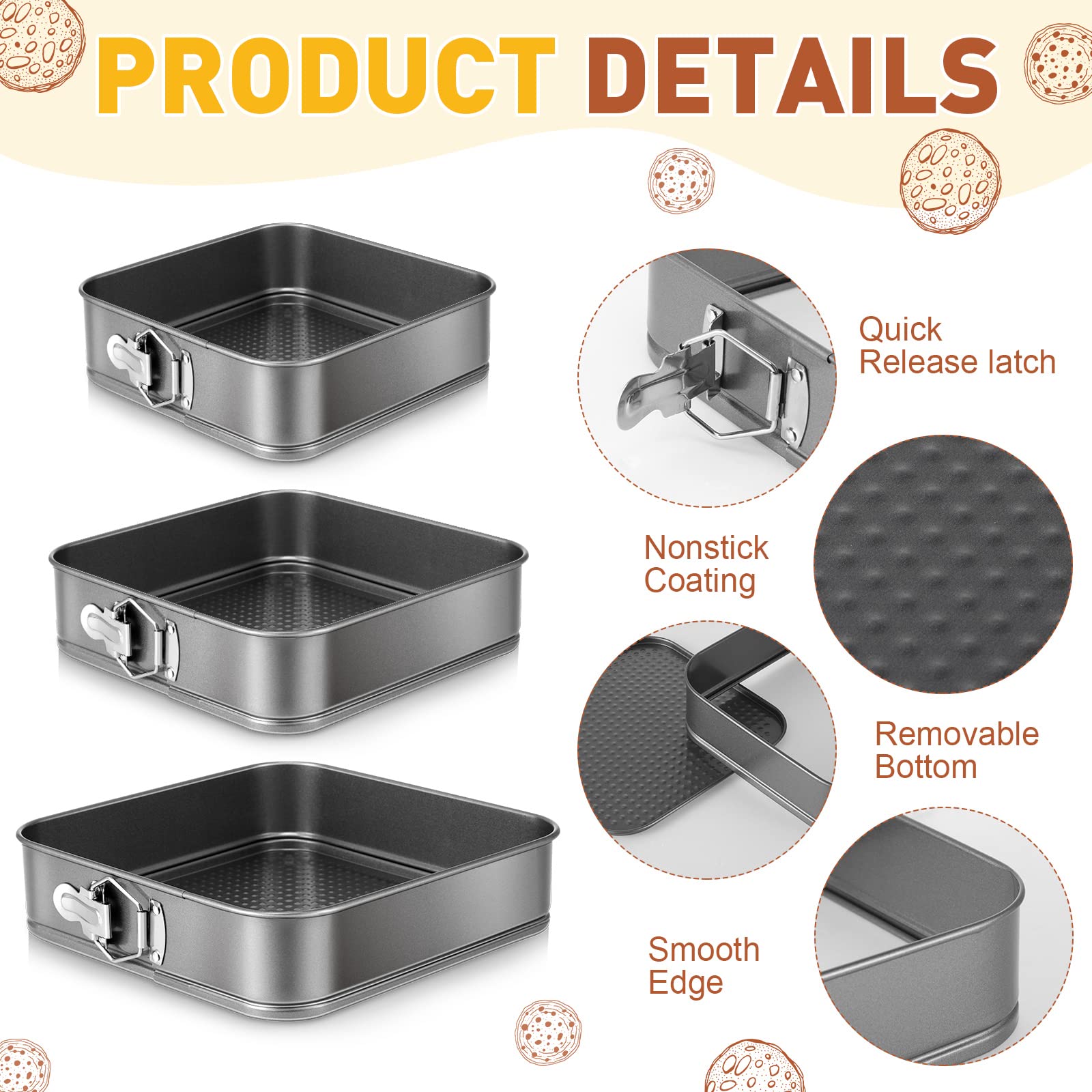 Zubebe Springform Cake Pan Square Non Stick Baking Pan 9.5 Inch, 10.2 Inch, 11 Inch, Set Of 6 Leakproof Square Baking Pan With R