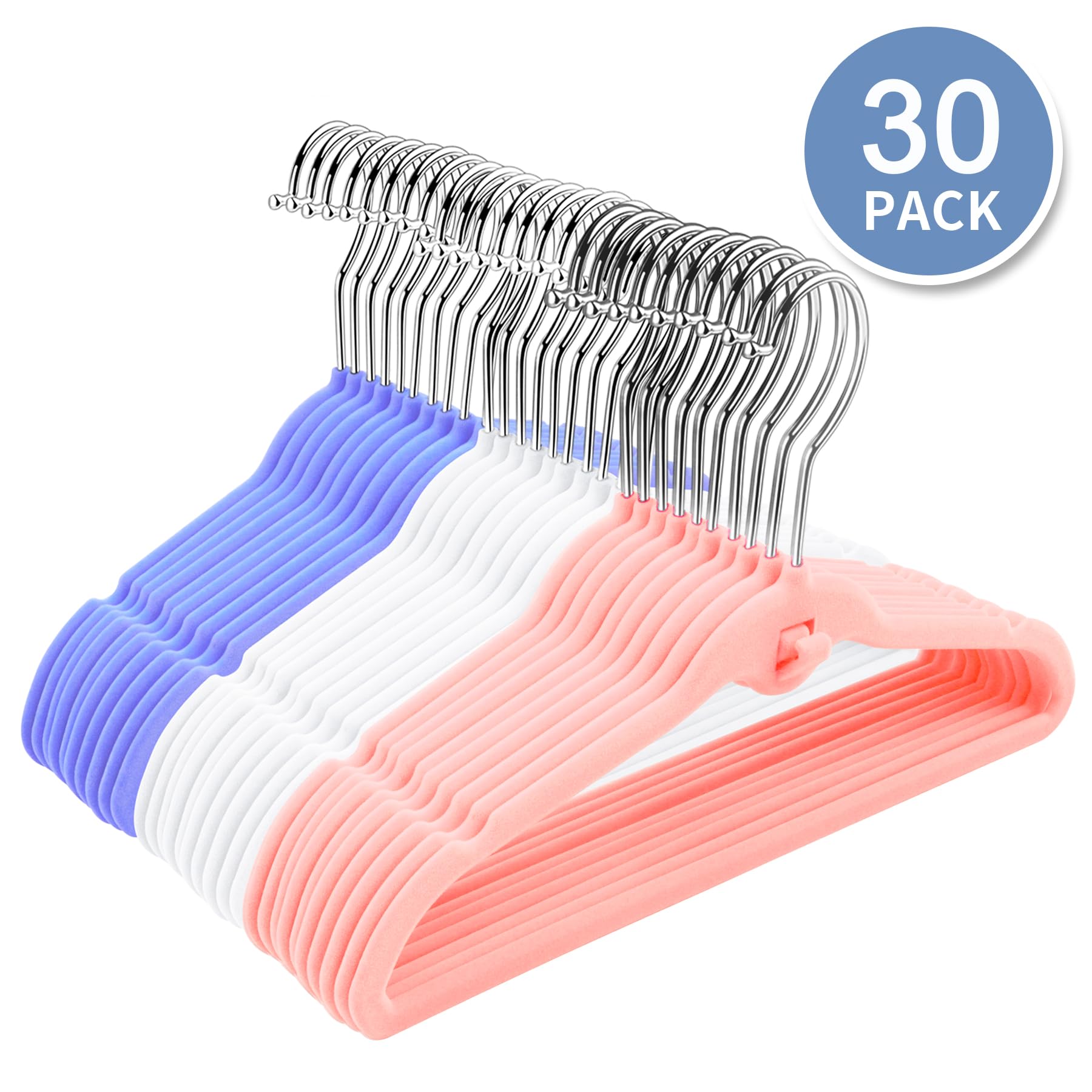 Pack Of 30 Kids Velvet Hangers, Non-Slip Space-Saving With Cascading Mini Hooks, Multi-Color (Pink, Lavender, White) Baby And To
