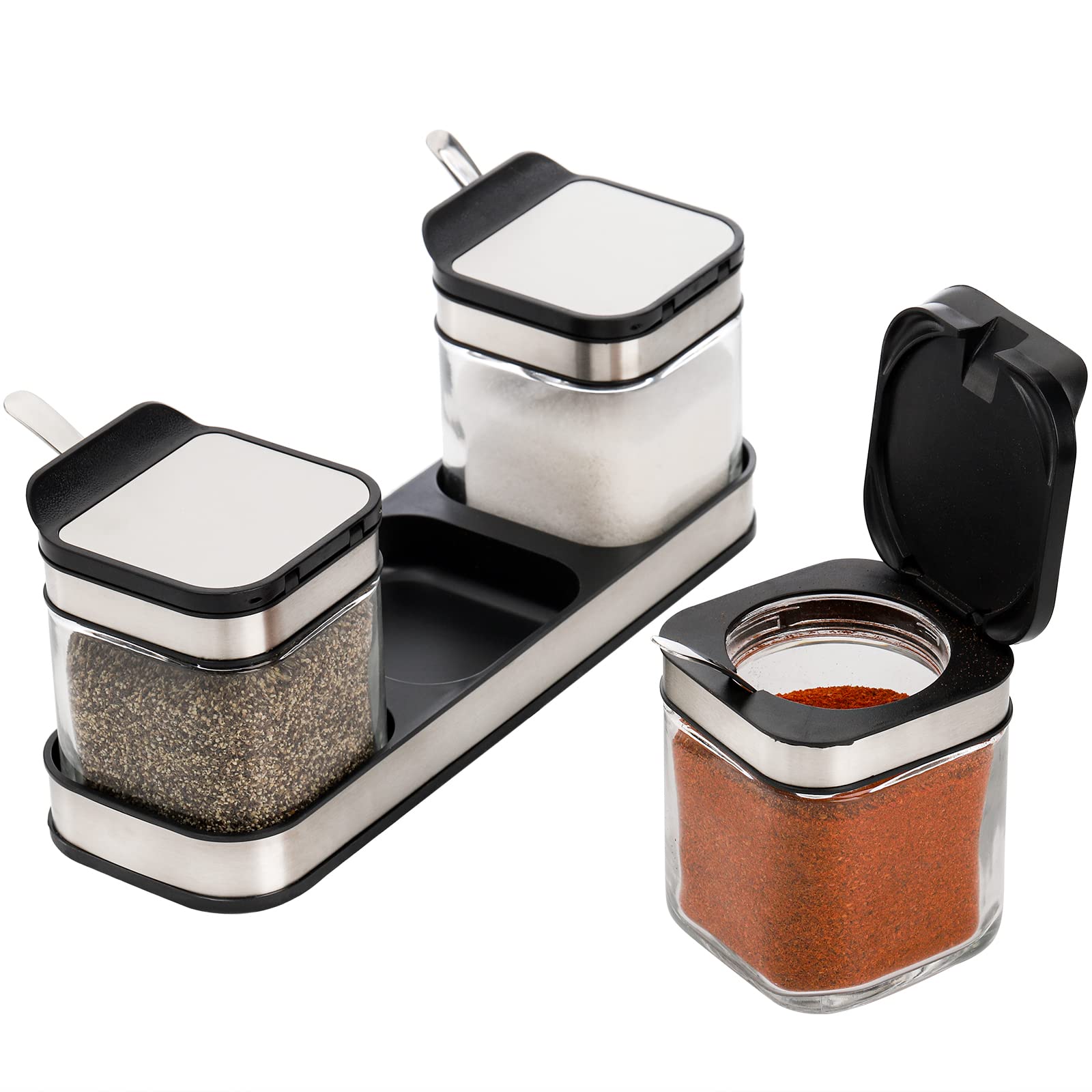 Deayou 3 Pack Glass Seasoning Box With Tray, Clear Condiment Canister With 18/10 Stainless Steel Lid And Spoon, Kitchen Spice Po