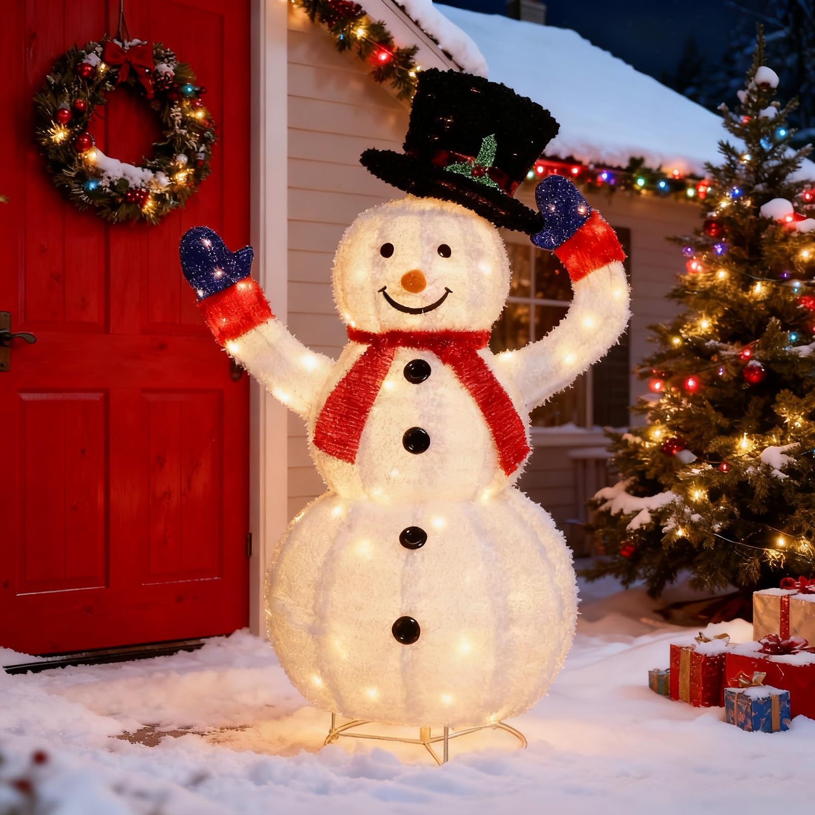 3FT Lighted Gift Boxes Tower, Outdoor Christmas Decorations with 80 Warm White LED Lights, Pre-lit Stacked Light Up Present Boxe