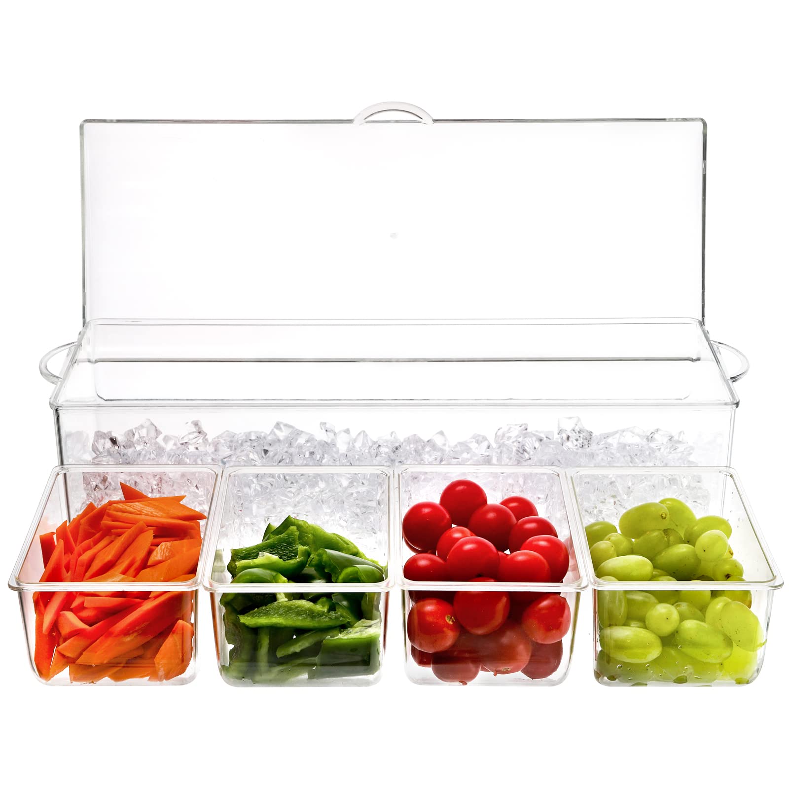 Jucoan Large Ice Chilled Condiment Server With Lid And 4 Removable Compartment, Clear Plastic Condiment Server Caddy Tray On Ice