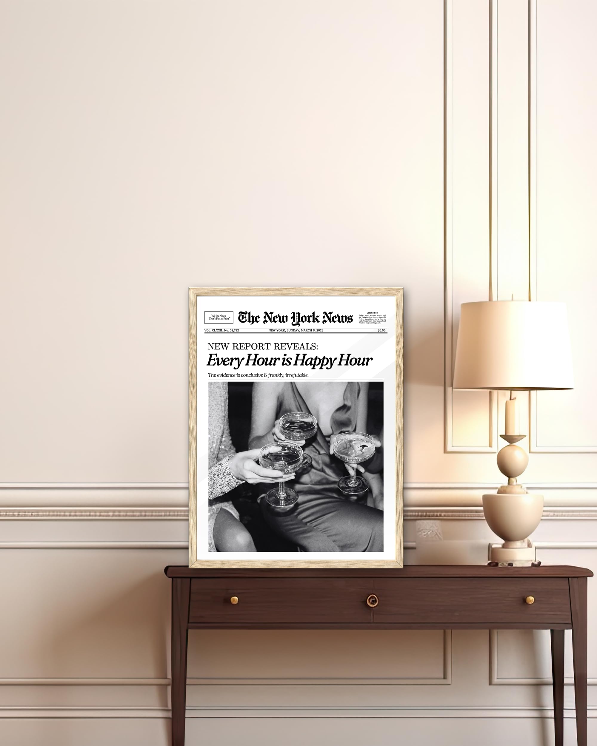 Ihery Every Hour Is Happy Hour Framed Trendy Newspaper Wall Art, Natural Oak Wood 12X16In Canvas Wall Decor For Bedroom, Retro N