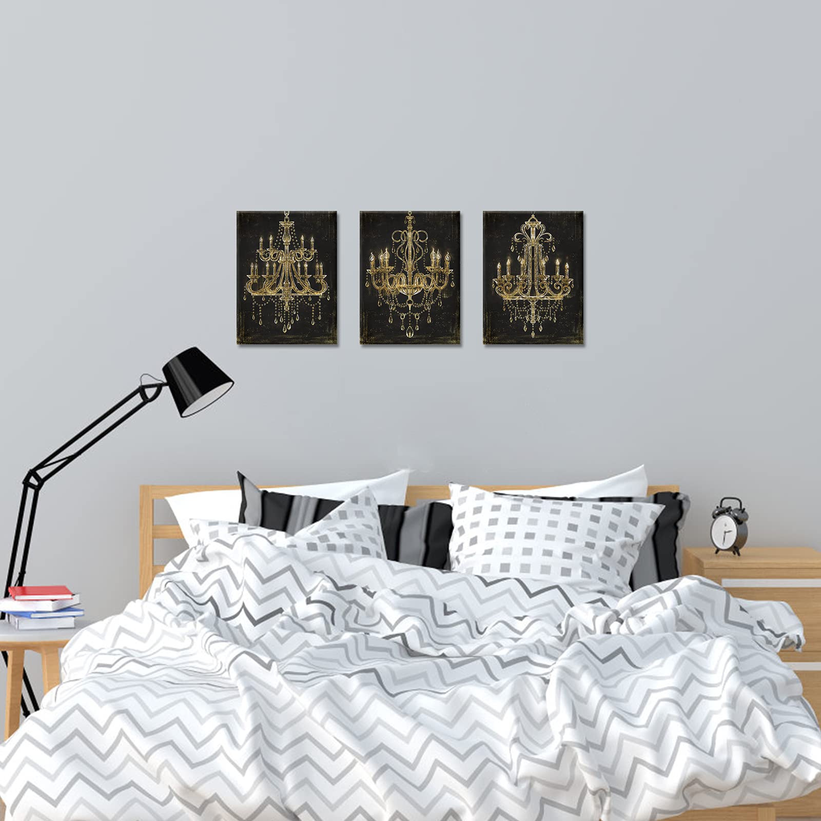 Ihappywall 3 Pieces Black And Gold Chandelier Canvas Wall Art Abstract Diamond Chandelier Crystal Lamp Picture Artwork For Home