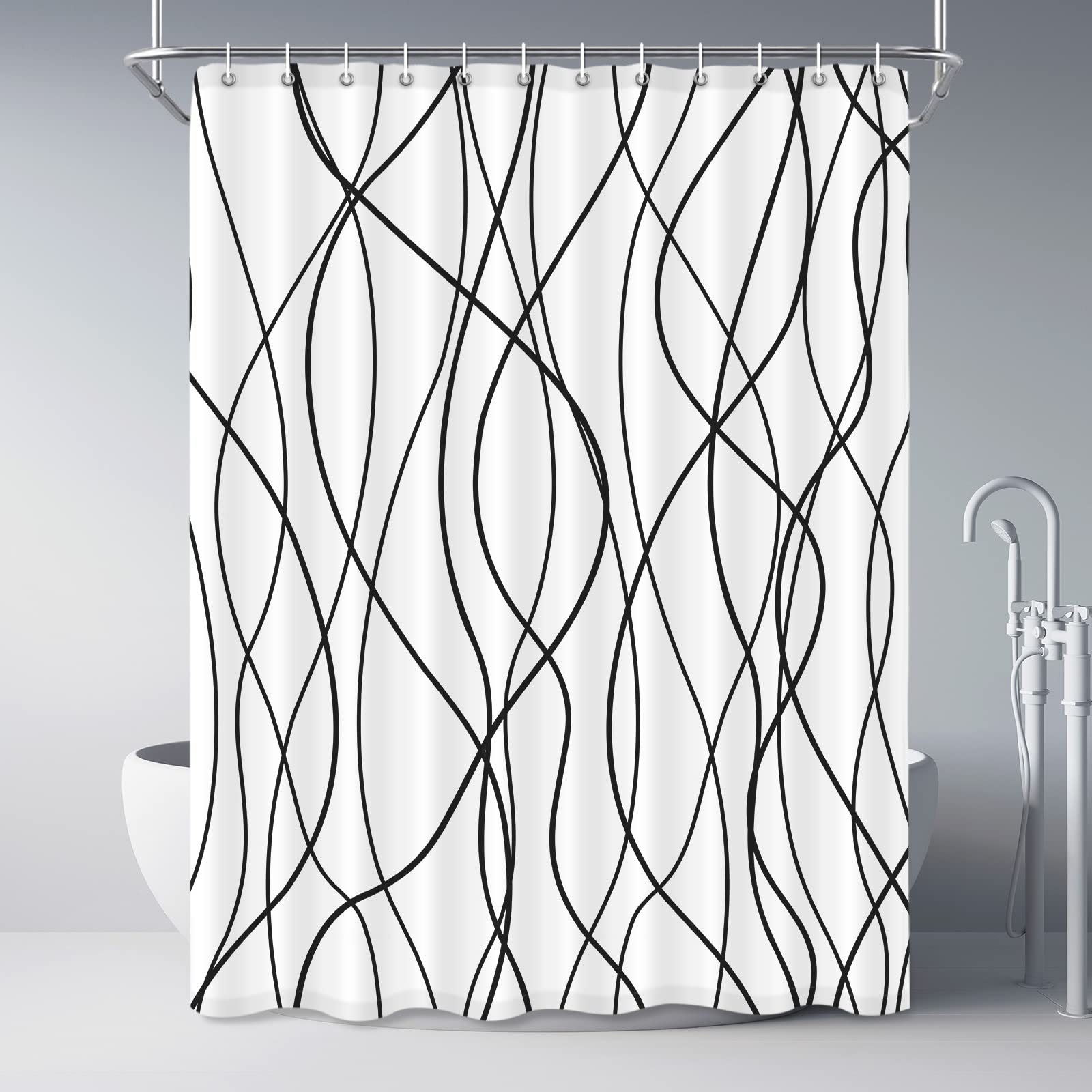 Punkray Black And White Striped Wavy Line Fabric Shower Curtain For Bathroom With 12 Hooks, Extra Long Shower Curtains For Bathr