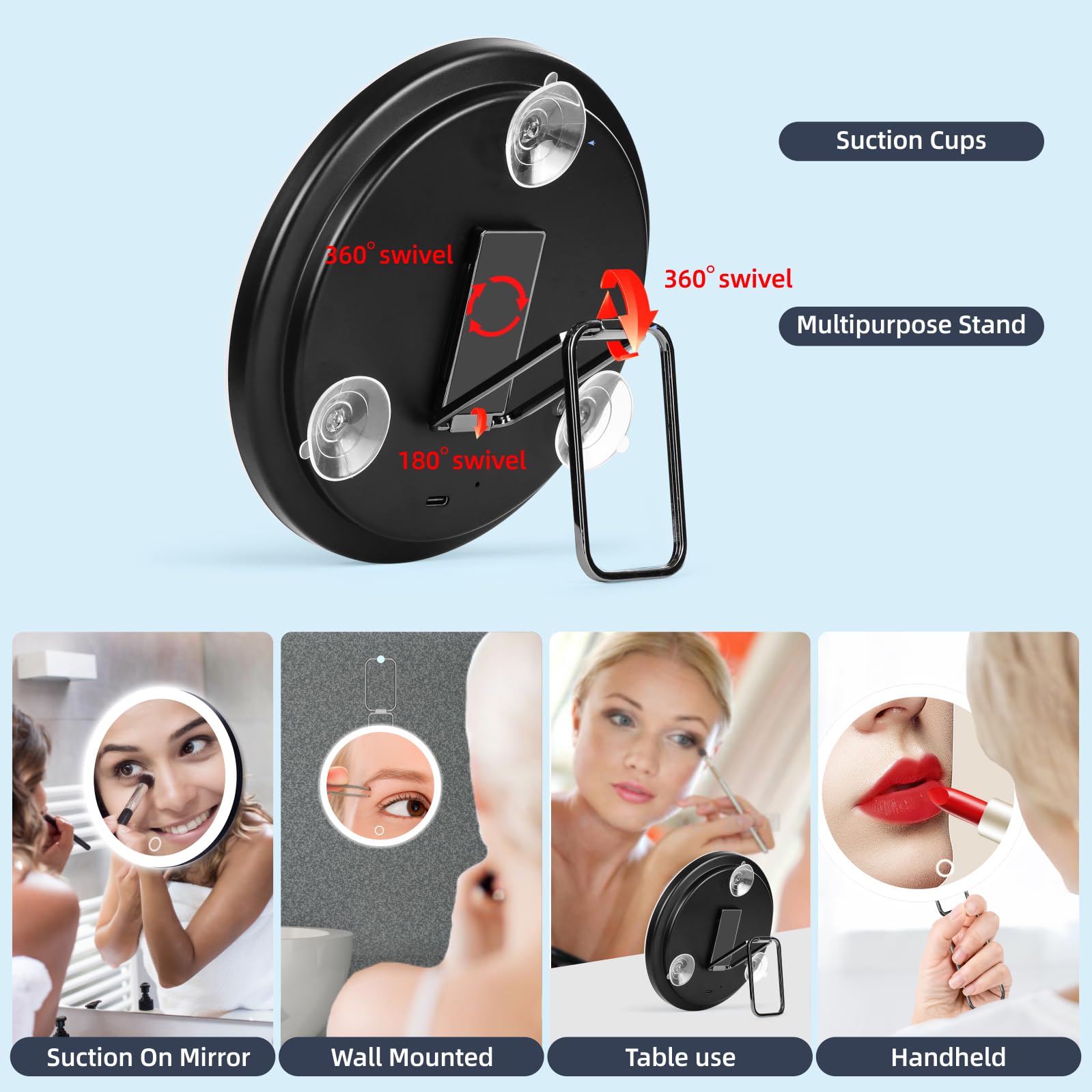 Suupvaor 30x Magnifying Mirror with Light, 6" Rechargeable, Dimmable, Suction Cups & Stand, Black, High Magnification, Travel-Friendly