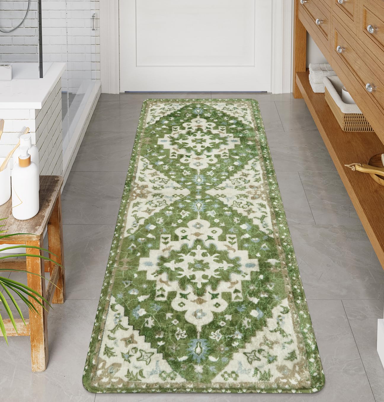 Uphome Boho Retro Large Bathroom Rugs Sage Green Non-Slip Soft Bedroom Runner Rug Oriental Floral Machine Washable Kitchen Rug C