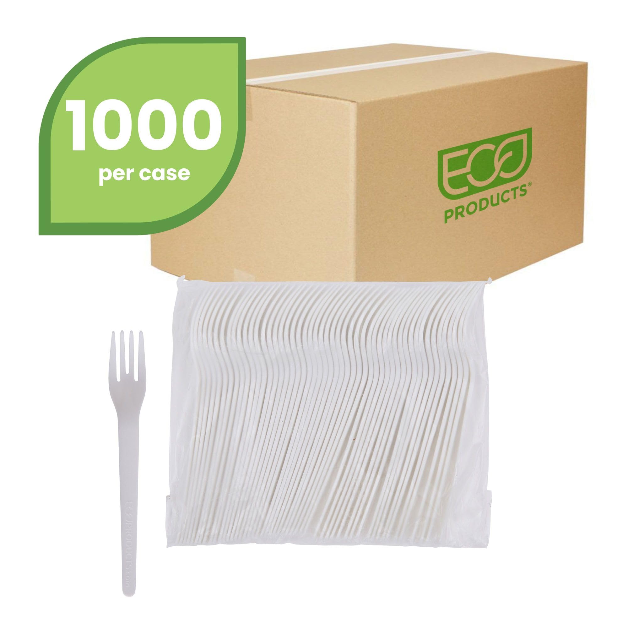 Eco-Products Plantware Disposable Compostable Pla Plastic Utensil Cutlery, 6'' Fork, White, Case Of 1000
