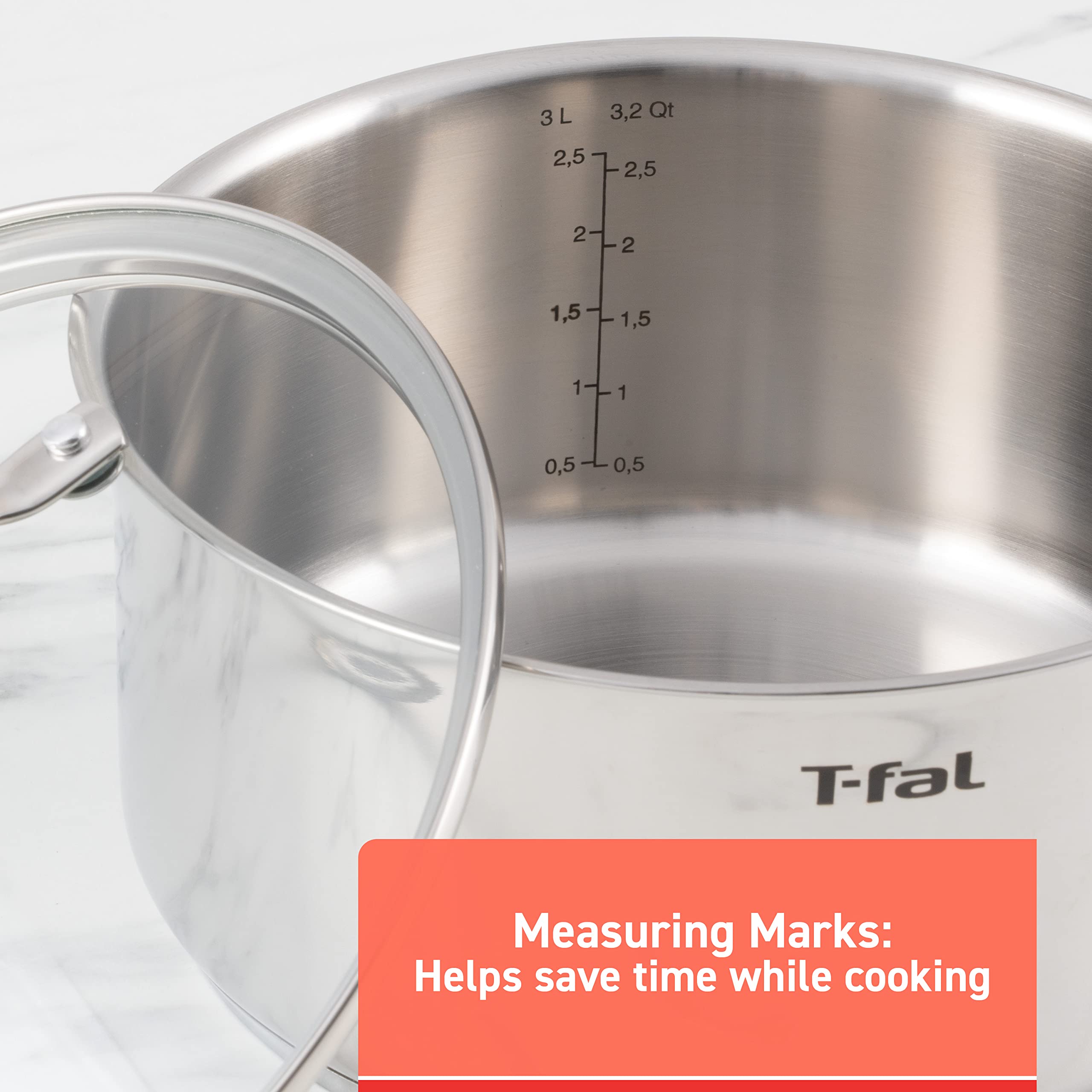 T-fal Gourmet Stainless Steel Cookware Set 11 Piece, Induction, Oven Broiler Safe 500F, Kitchen Cooking Set w/Fry Pans, Saucepan