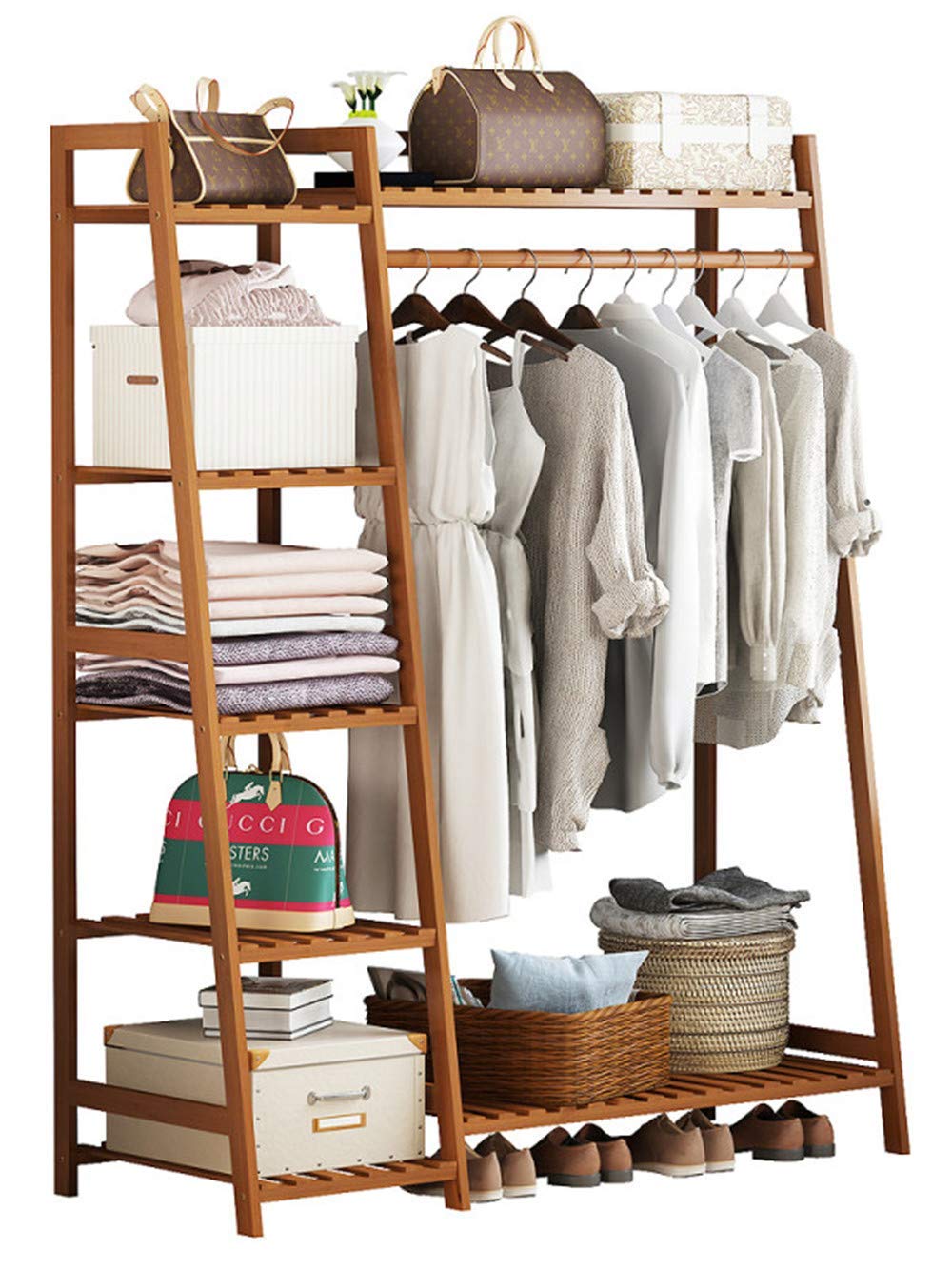 Leopax Bamboo Coat/Clothing/Garment Rack/Freestanding Storage Shelf With 5-Tier Shelf (80 * 40 * 140Cm, Natural)